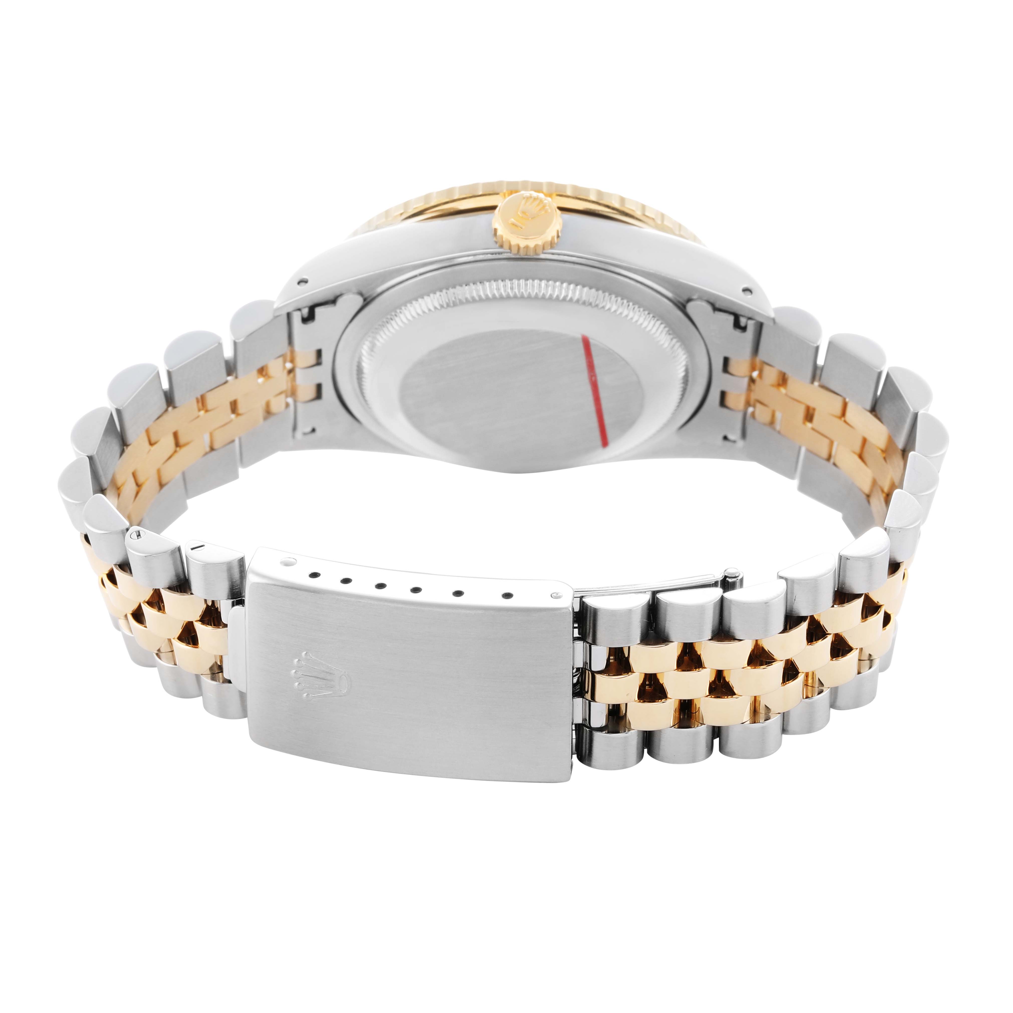 The image shows the back of a Rolex Turn-o-Graph 16263 Men's Steel and Gold (two tone) Champagne Dial watch, highlighting the clasp, bracelet, and case back from a rear angle.