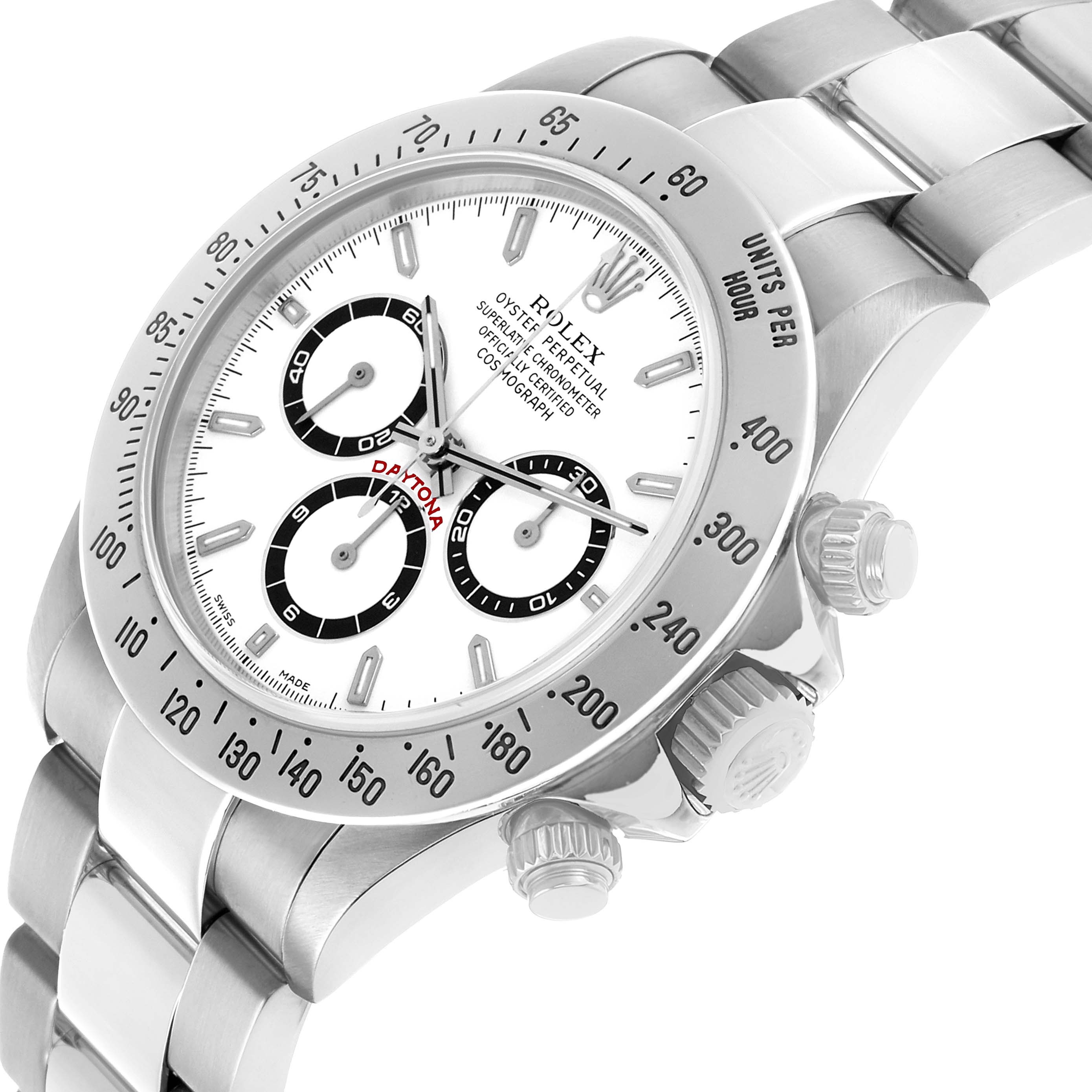 The image shows a Rolex Daytona 16520 Men's Stainless Steel White Dial watch from an angled side view, highlighting the bezel, dial, pushers, and part of the bracelet.