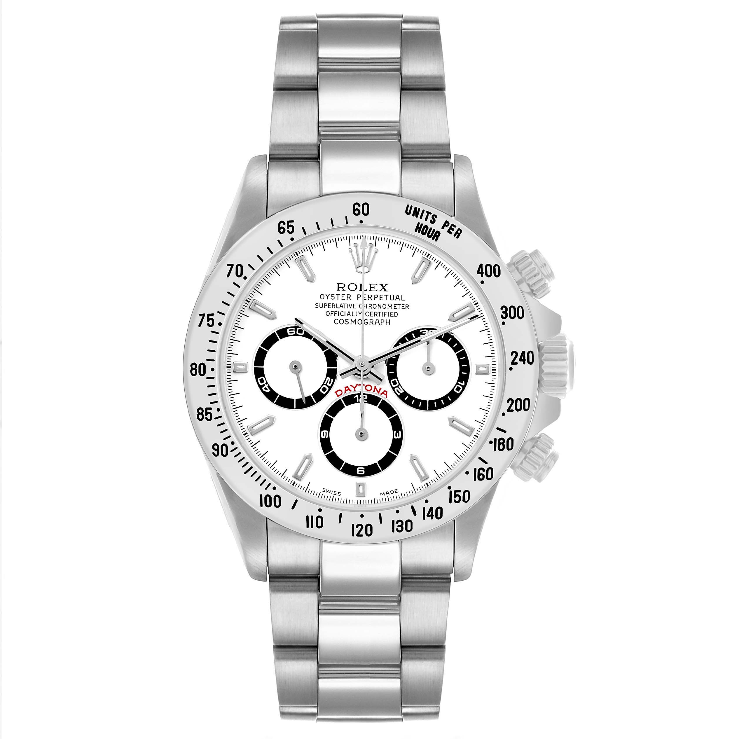 The Rolex Daytona 16520 Men's Stainless Steel White Dial watch is shown from a front angle, highlighting the dial, bezel, pushers, and bracelet.