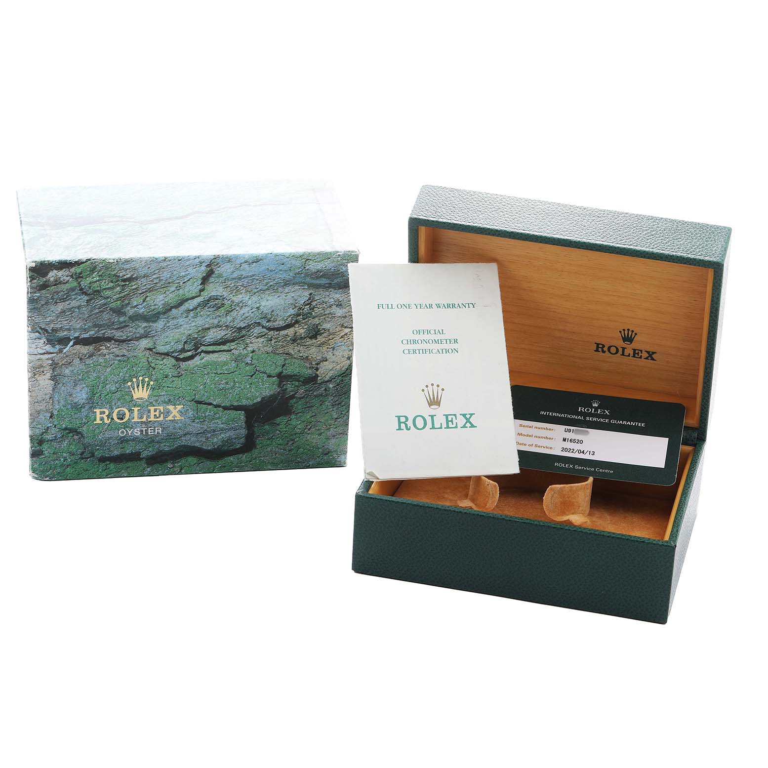 The image shows a Rolex Daytona 16520 Men's Stainless Steel White Dial box set, including the case, open box, and certification papers from a front angle.