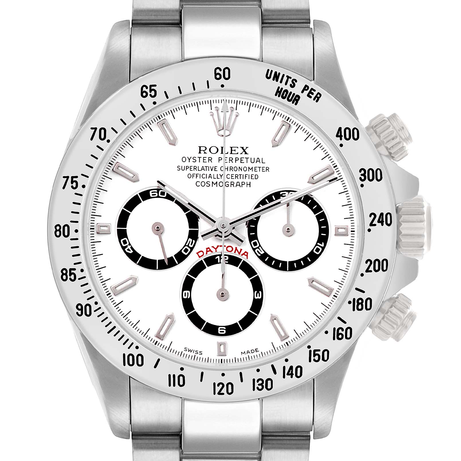 The image shows a frontal view of the Rolex Daytona 16520 Men's Stainless Steel White Dial watch with its dial, bezel, pushers, and part of the bracelet visible.