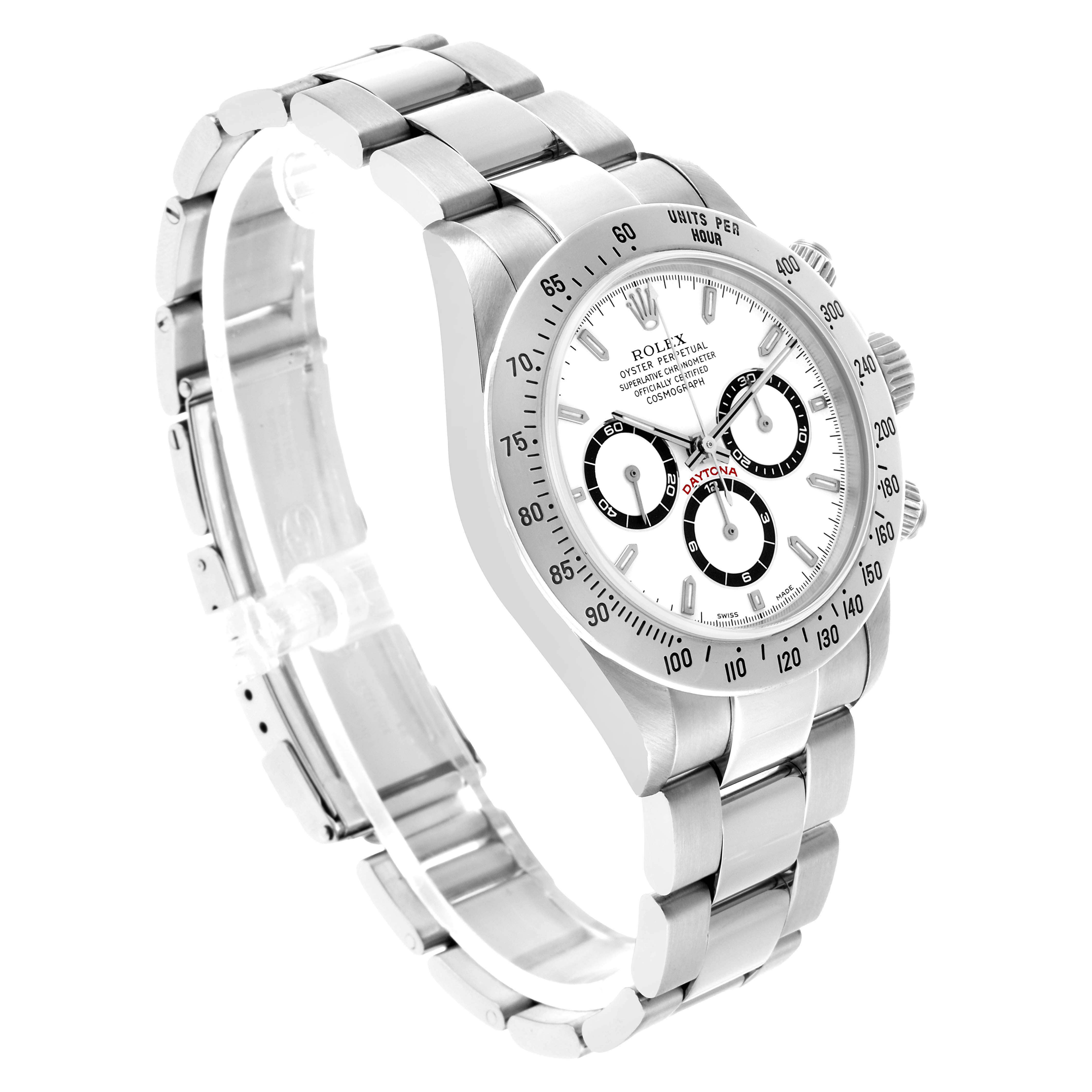 The Rolex Daytona 16520 Men's Stainless Steel White Dial watch is shown at a three-quarter angle, displaying its face, bezel, crown, and bracelet.