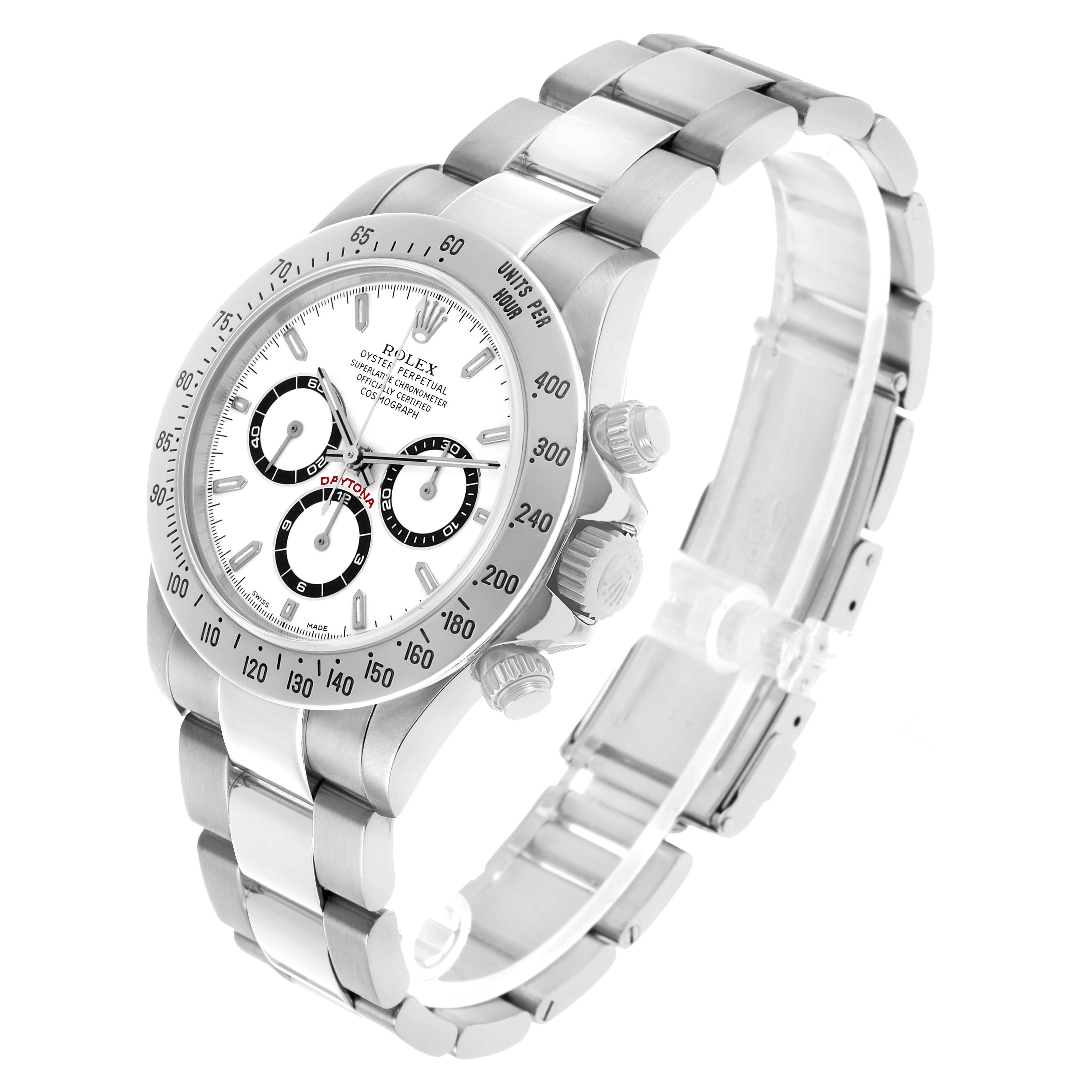 The Rolex Daytona 16520 Men's Stainless Steel White Dial watch is shown at a three-quarter angle, displaying the face, bezel, crown, pushers, and bracelet.