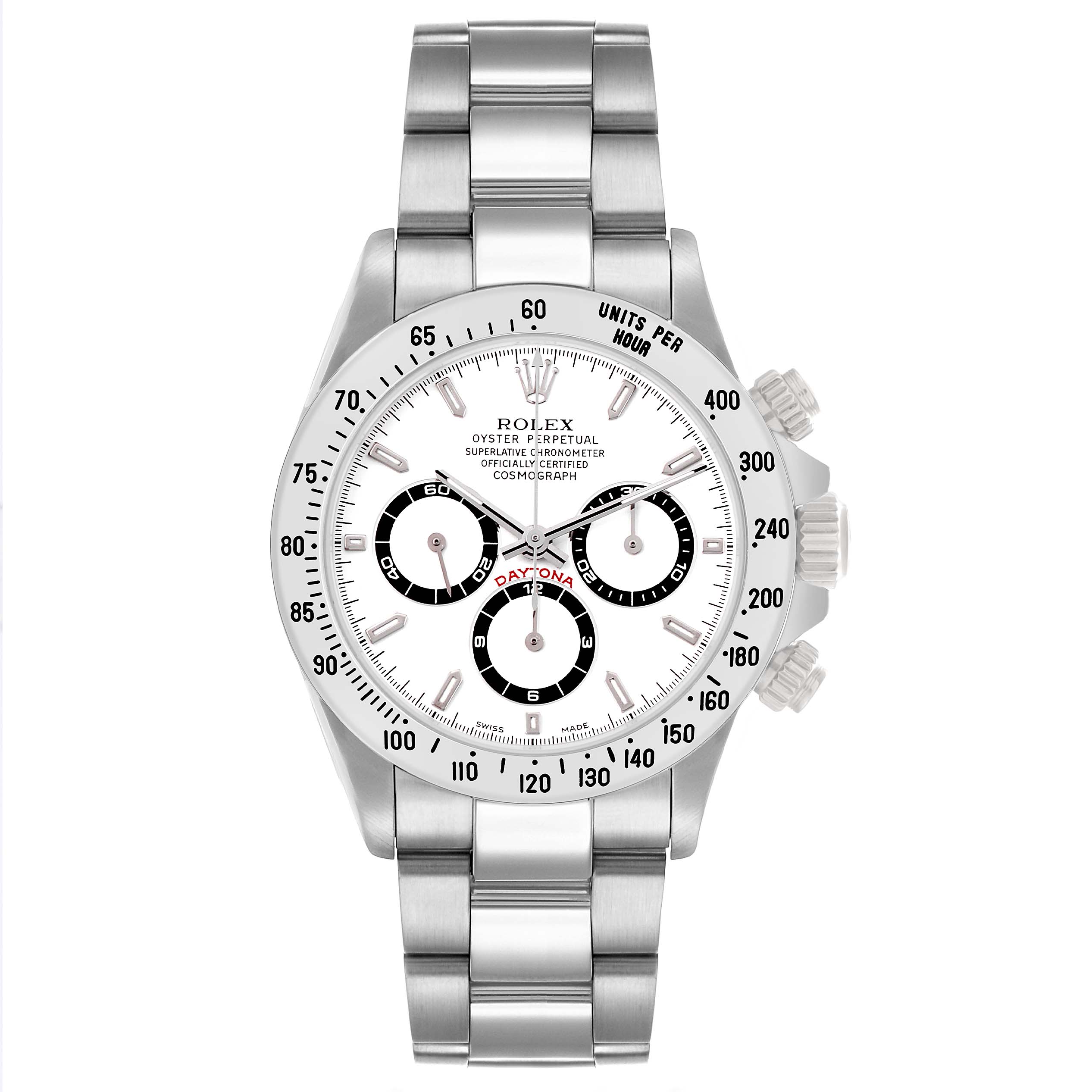 This Rolex Daytona 16520 Men's Stainless Steel White Dial watch is shown from a top-down angle, displaying its face, bezel, bracelet, and side pushers.
