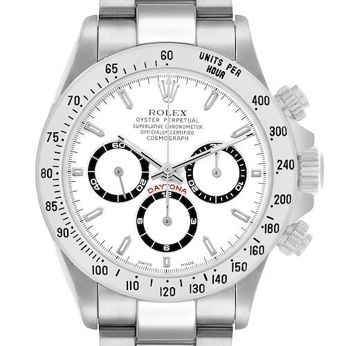 The image shows a front view of the Rolex Daytona 16520 Men's Stainless Steel White Dial watch, highlighting its face, bezel, and crown.