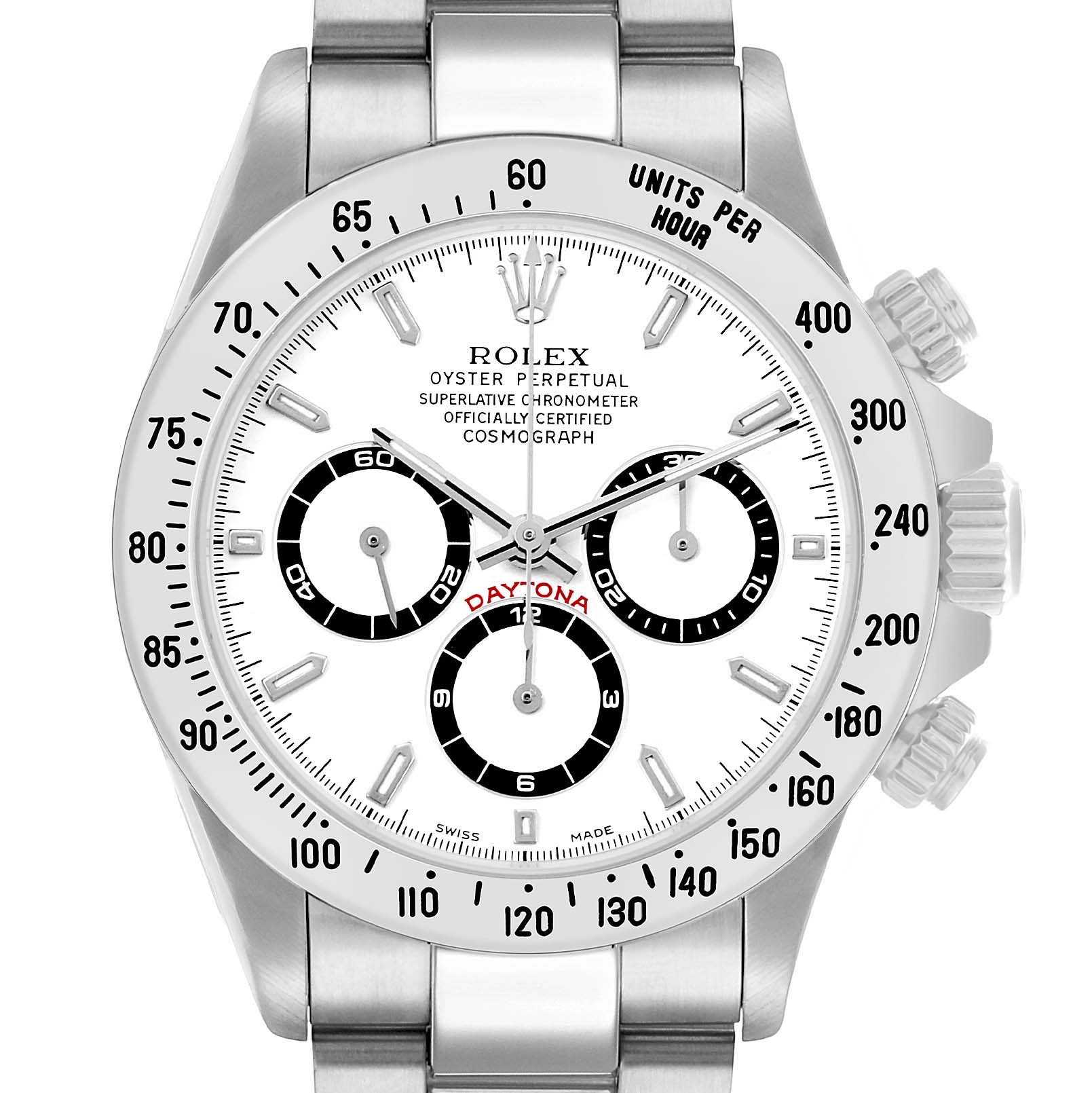 The Rolex Daytona 16520 Men's Stainless Steel White Dial watch is shown from a front angle, highlighting the dial, bezel, pushers, and bracelet.
