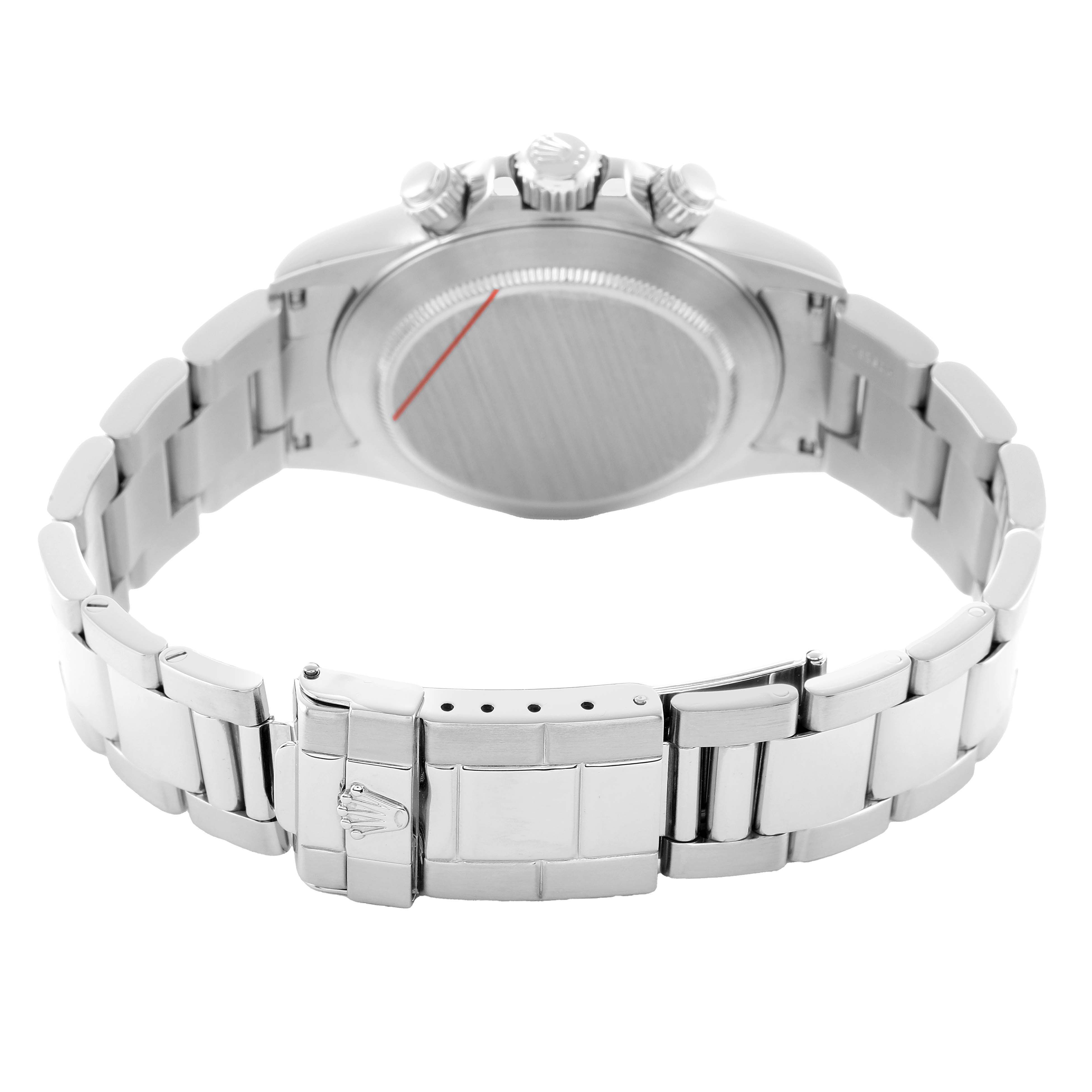 The image shows the back and clasp of a Rolex Daytona 16520 Men's Stainless Steel White Dial watch, highlighting the bracelet, case back, and crown.