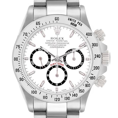 The Rolex Daytona 16520 Men's Stainless Steel White Dial watch is shown from a front angle, displaying the bezel, dial, subdials, and side pushers.