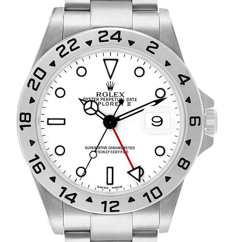 The Rolex Explorer 16570 Men's Stainless Steel White Dial model is shown from a front view, displaying the face, bezel, and partial bracelet.