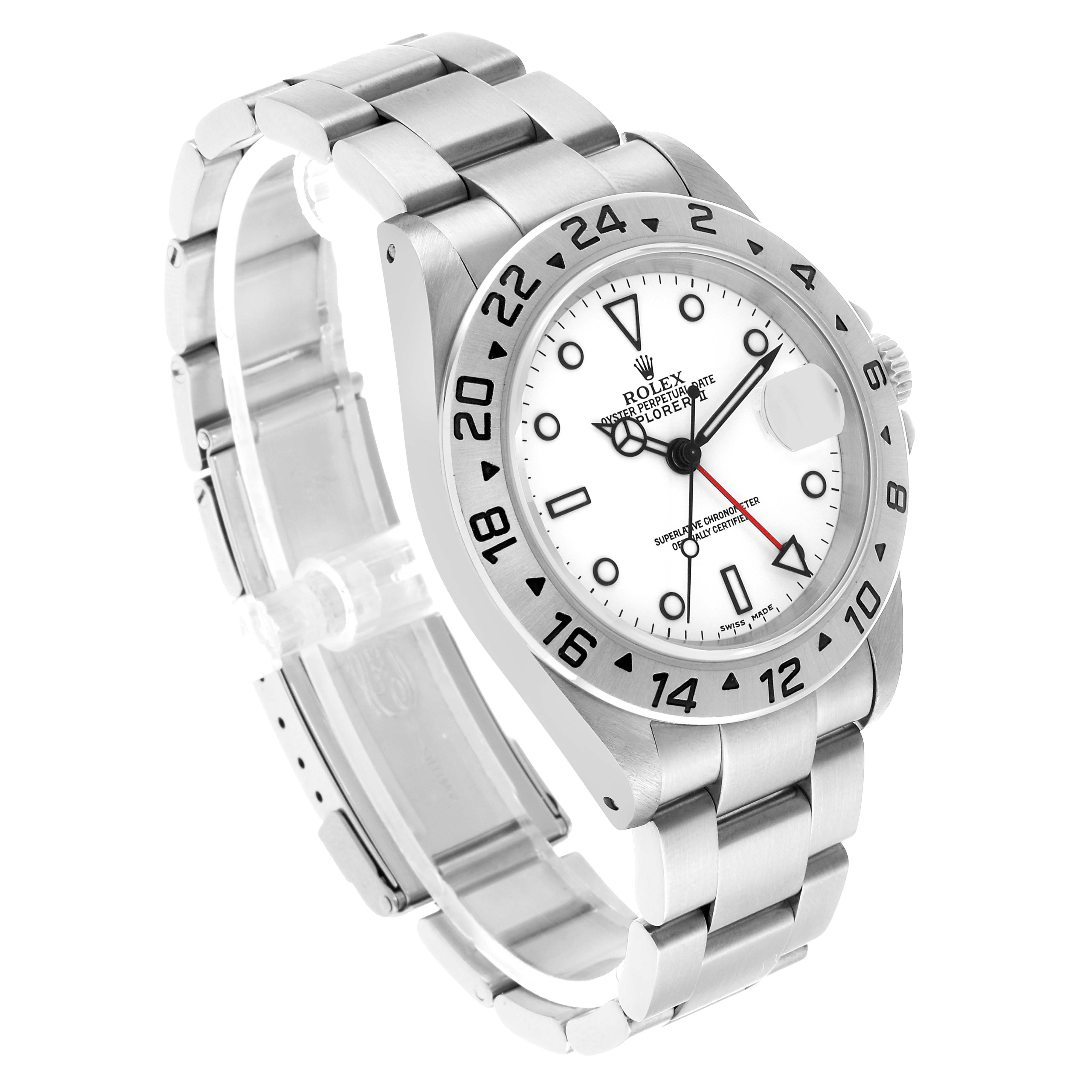 The Rolex Explorer 16570 Men's Stainless Steel White Dial watch is shown at a three-quarter angle, displaying the face, bezel with numerals, and the bracelet.