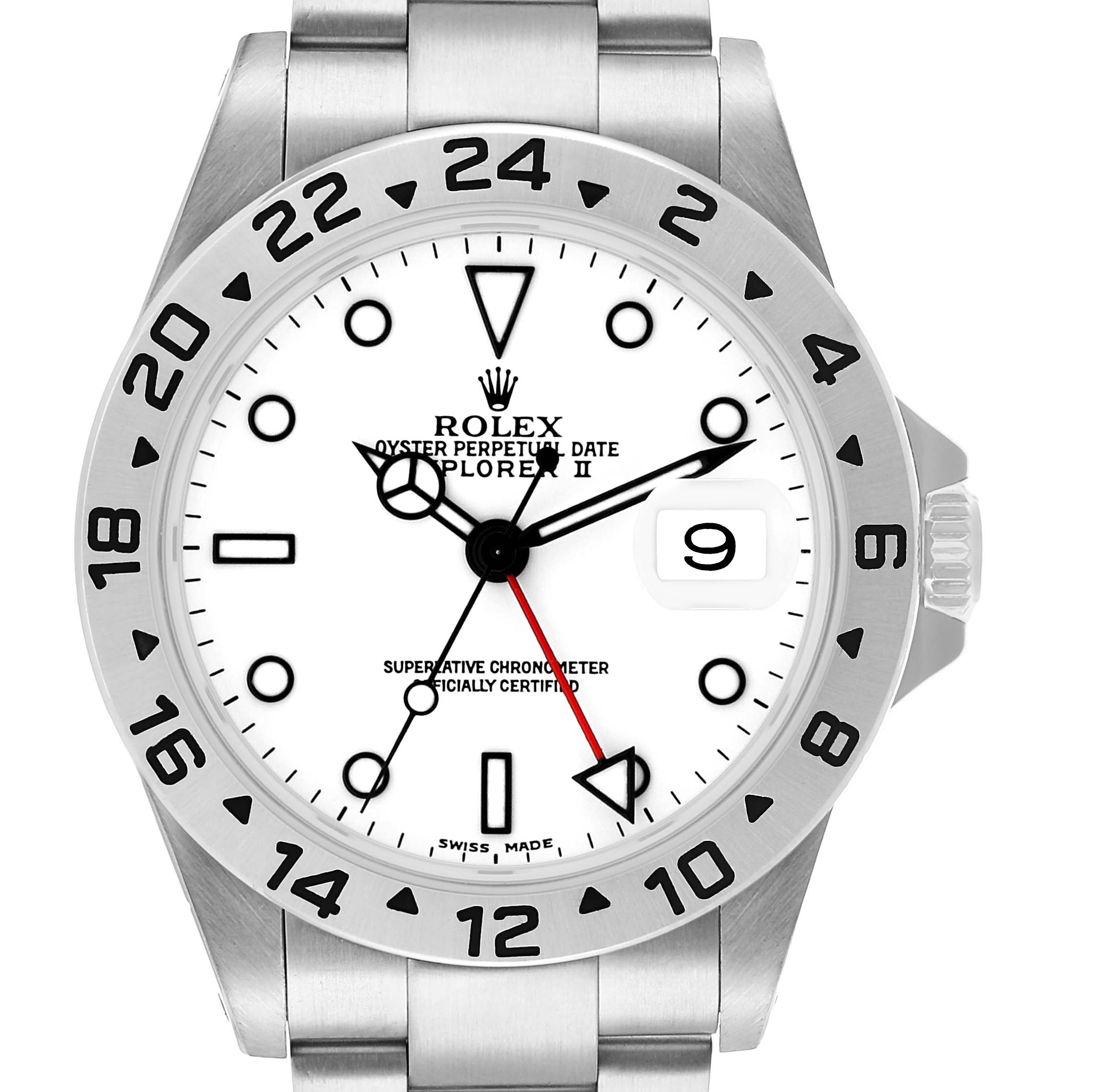 The Rolex Explorer 16570 Men's Stainless Steel White Dial watch is shown from a front angle, highlighting its bezel, dial, hands, and bracelet.