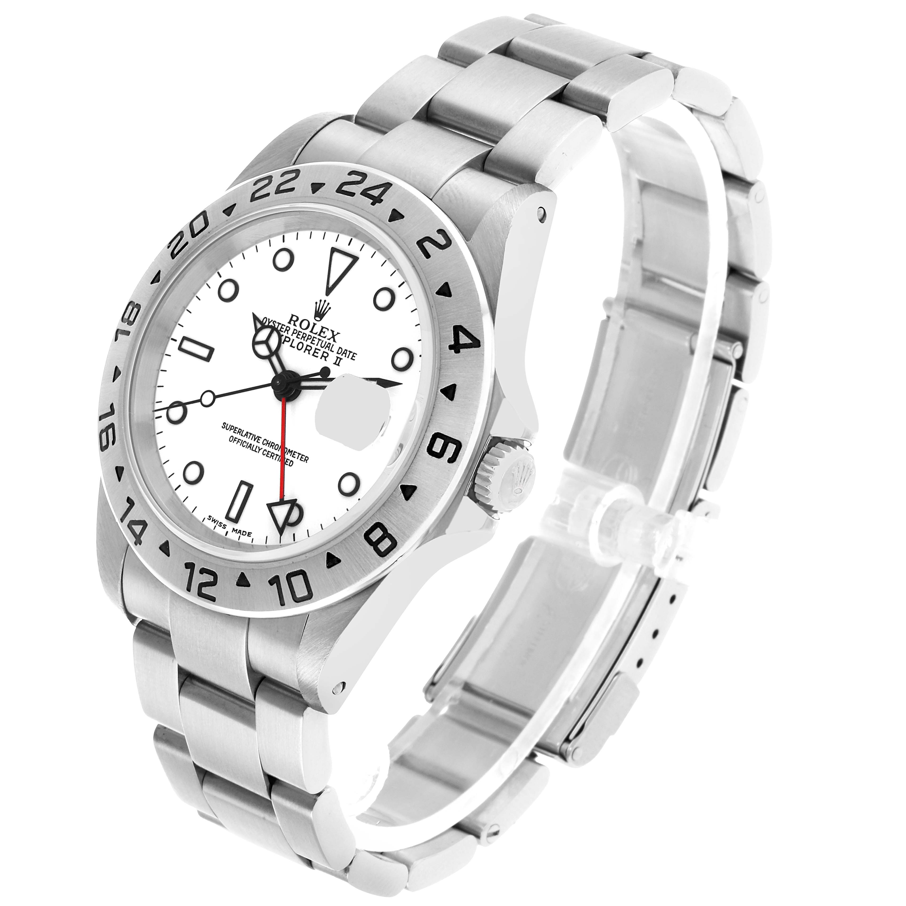 The image shows a side angle of the Rolex Explorer 16570 Men's Stainless Steel White Dial II, displaying its bezel, dial, crown, and stainless steel bracelet.