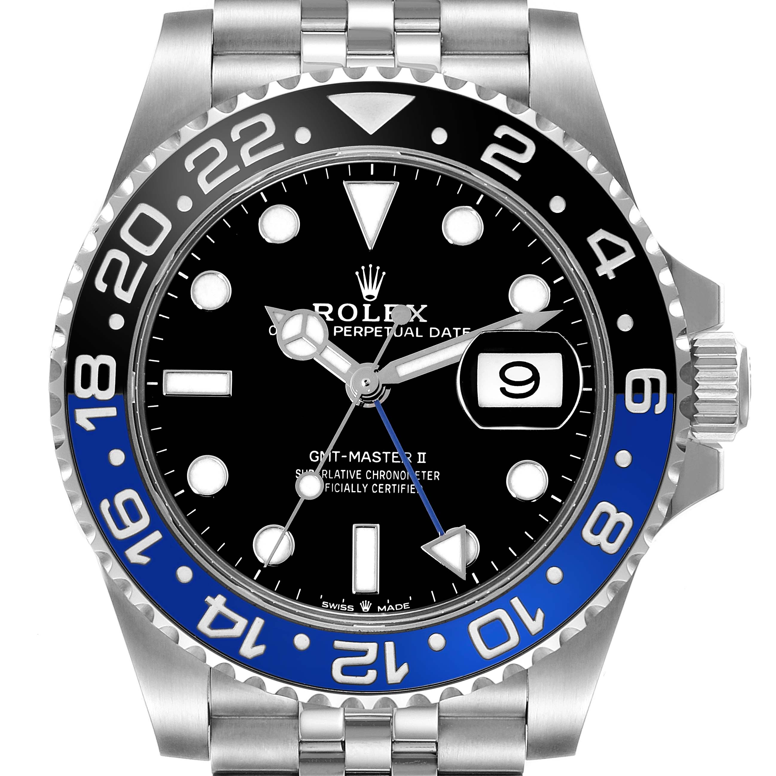 This image shows a front view of the Rolex GMT-Master 126710BLNR Men
s Stainless Steel Black Dial 126710BLNR Men
s Stainless Steel Black Dial II watch with a bezel and part of the bracelet visible.