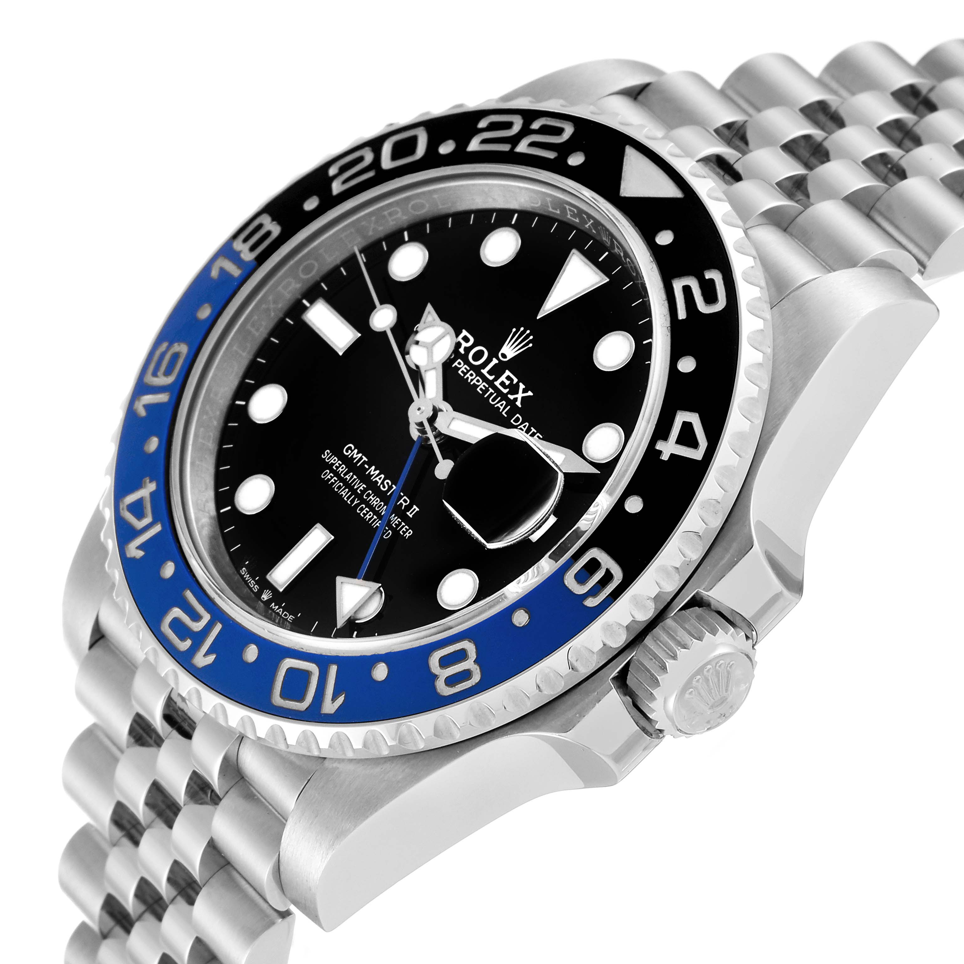 The image shows a Rolex GMT-Master 126710BLNR Men
s Stainless Steel Black Dial 126710BLNR Men
s Stainless Steel Black Dial watch at an angled side view, featuring its bezel, dial, logo, and part of the bracelet.