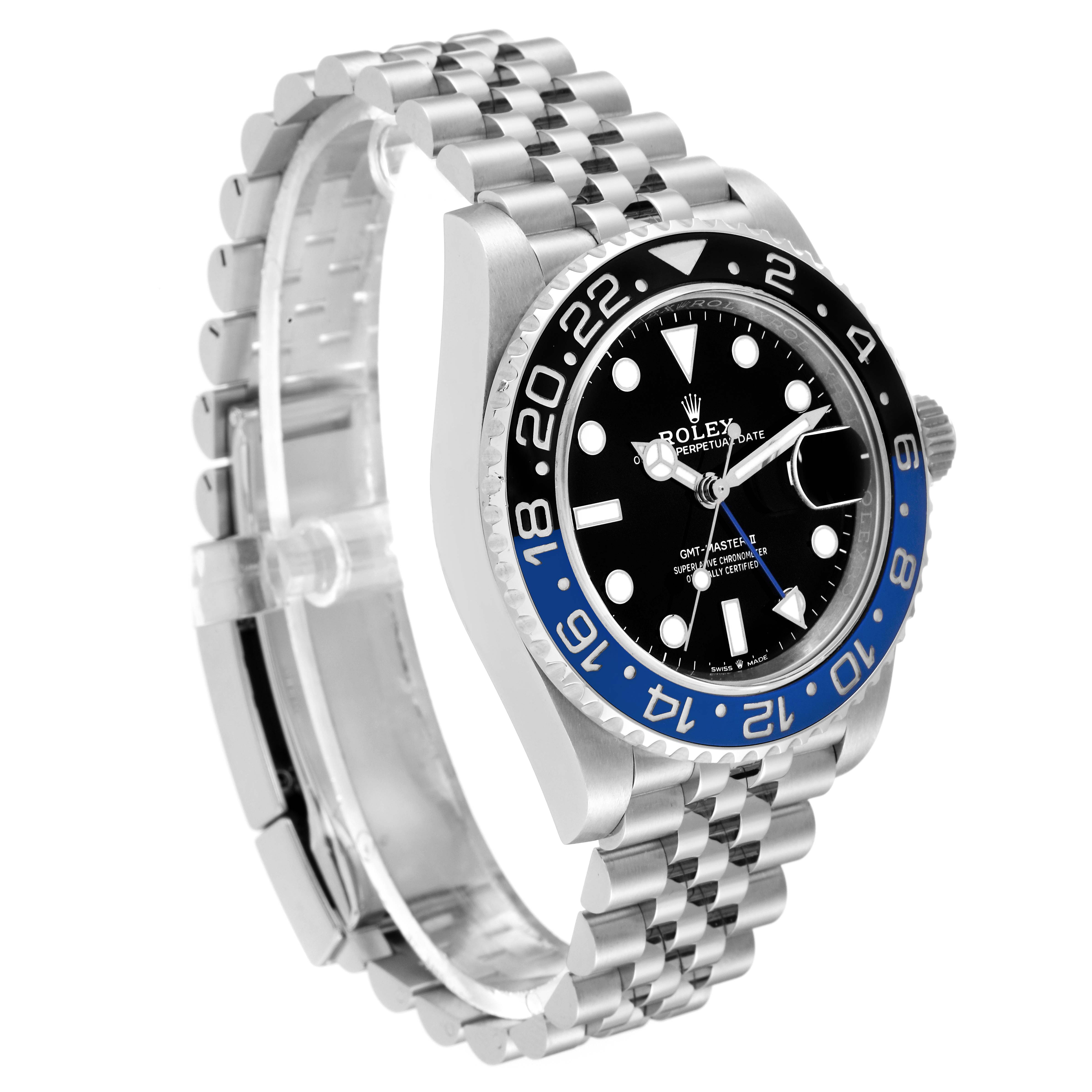 The Rolex GMT-Master 126710BLNR Men
s Stainless Steel Black Dial 126710BLNR Men
s Stainless Steel Black Dial watch in the image is shown from an angled side view, highlighting its face, bezel, and bracelet.
