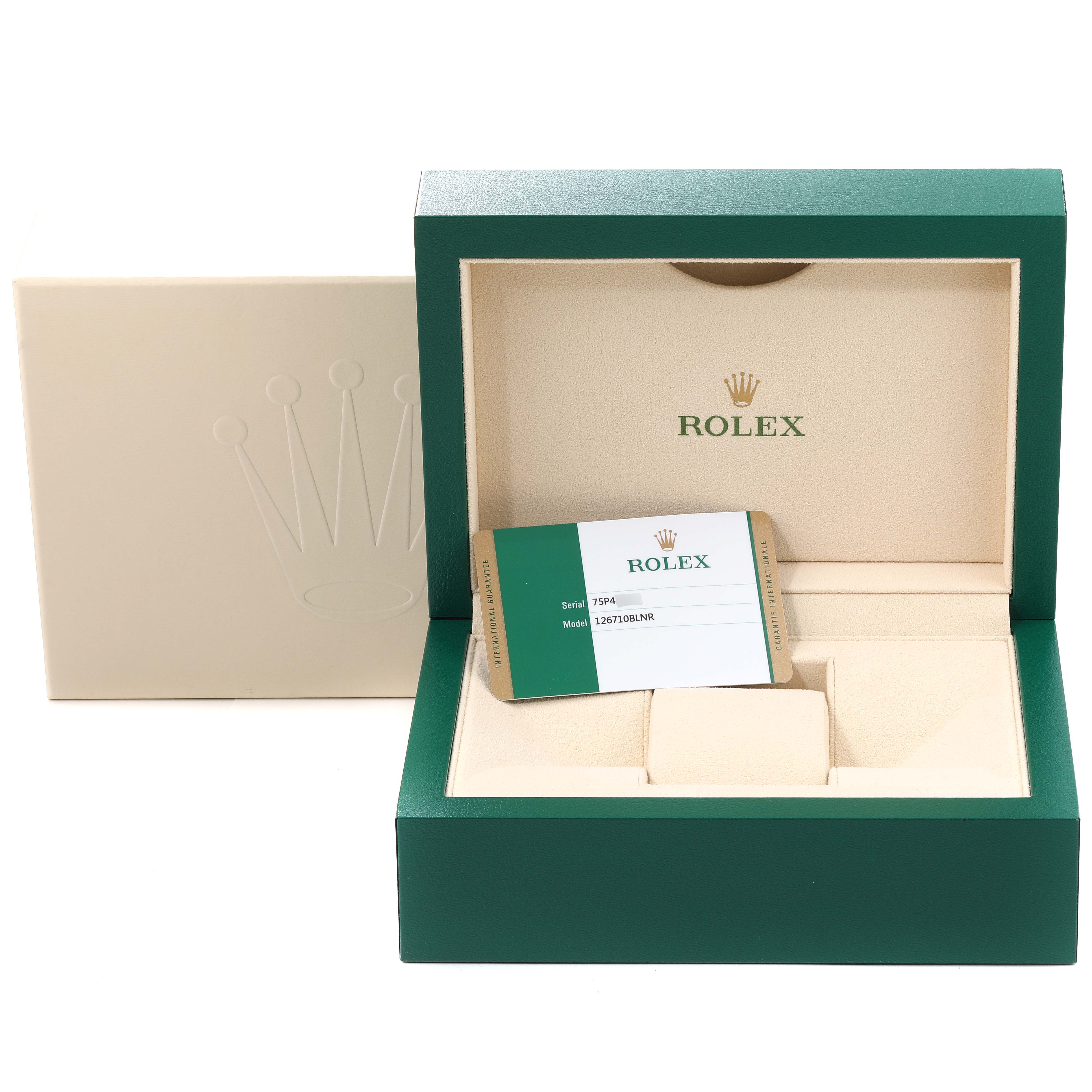 The image shows the packaging and Best Quality
ation card of a Rolex GMT-Master 126710BLNR Men
s Stainless Steel Black Dial 126710BLNR Men
s Stainless Steel Black Dial watch, viewed from a front angle.