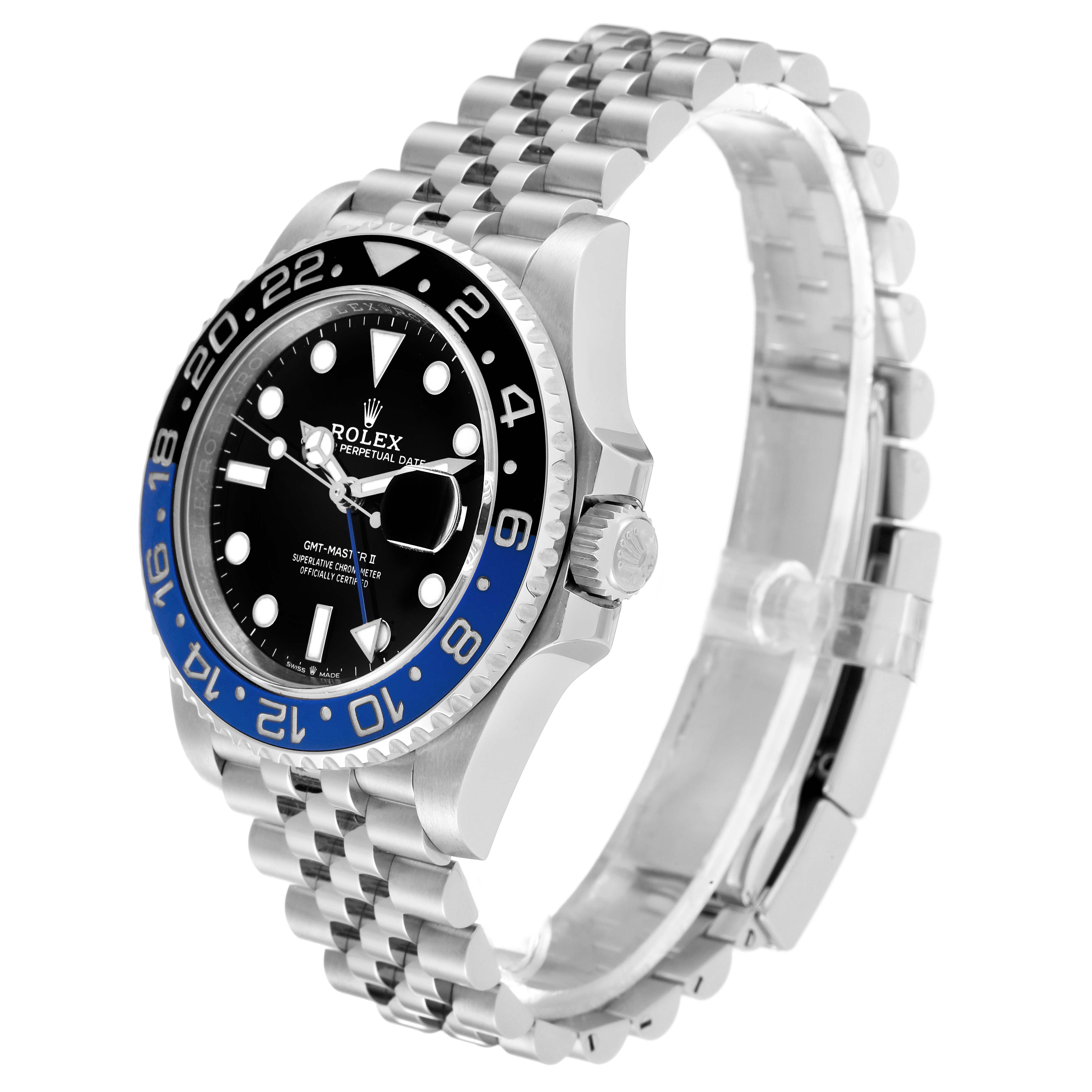 The image shows a Rolex GMT-Master 126710BLNR Men
s Stainless Steel Black Dial 126710BLNR Men
s Stainless Steel Black Dial watch at a slight angle, emphasizing its face, crown, and metal bracelet.