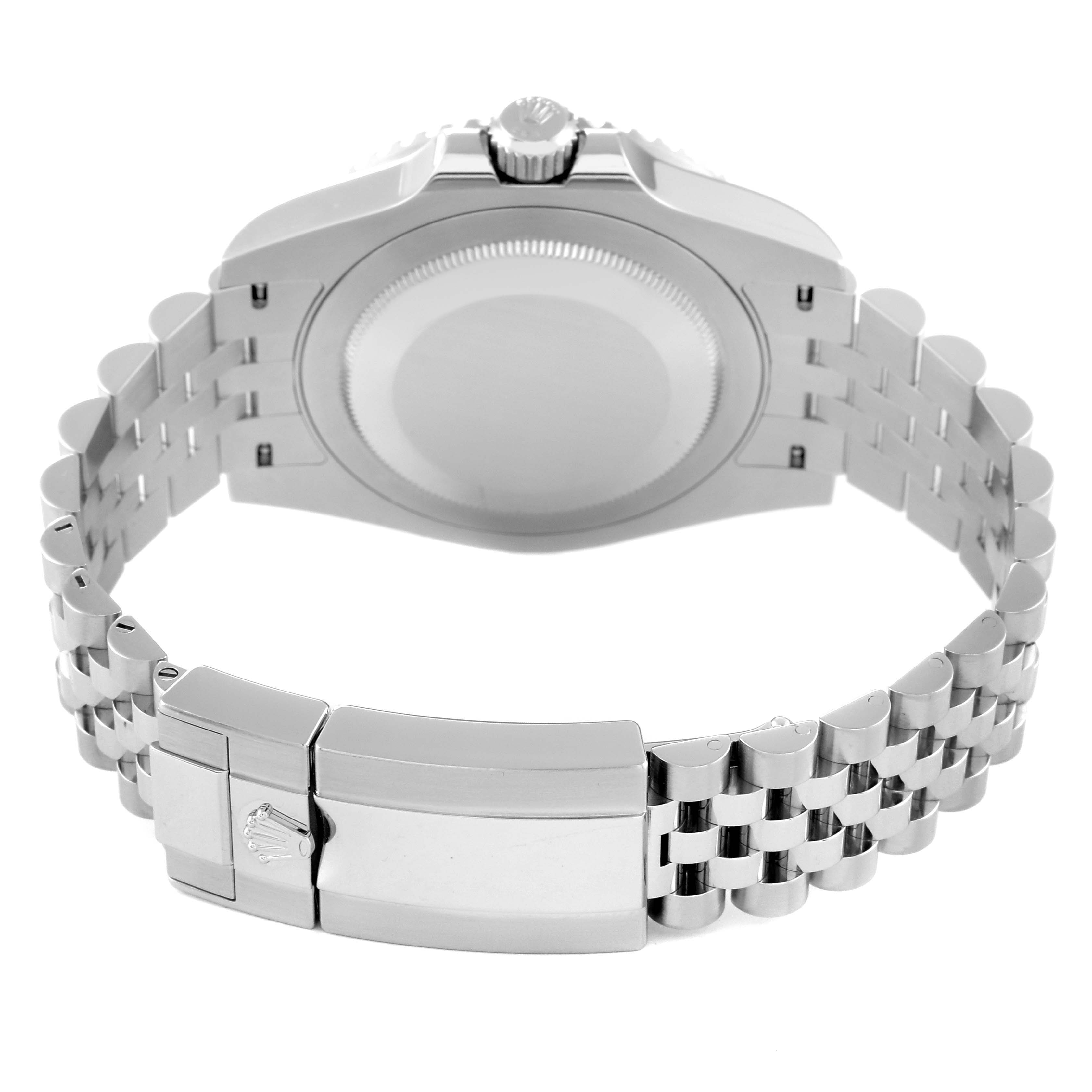 This image shows the back view of a Rolex GMT-Master 126710BLNR Men
s Stainless Steel Black Dial 126710BLNR Men
s Stainless Steel Black Dial watch, displaying the case back, bracelet, and clasp.