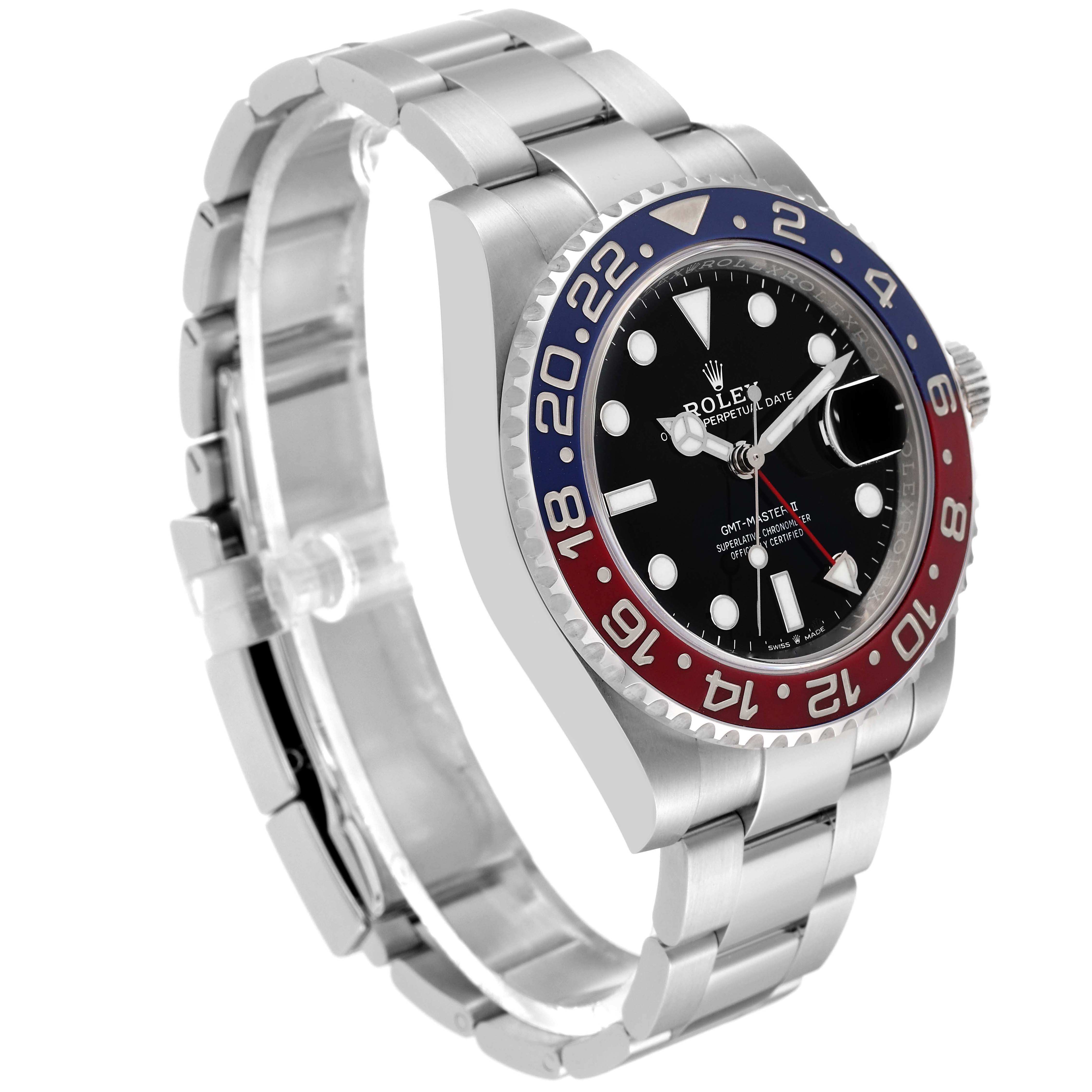 The image shows a Rolex GMT-Master 126710 Men
s Stainless Steel Black Dial 126710 Men
s Stainless Steel Black Dial watch from a front angle, highlighting its dial, bezel, crown, and bracelet.