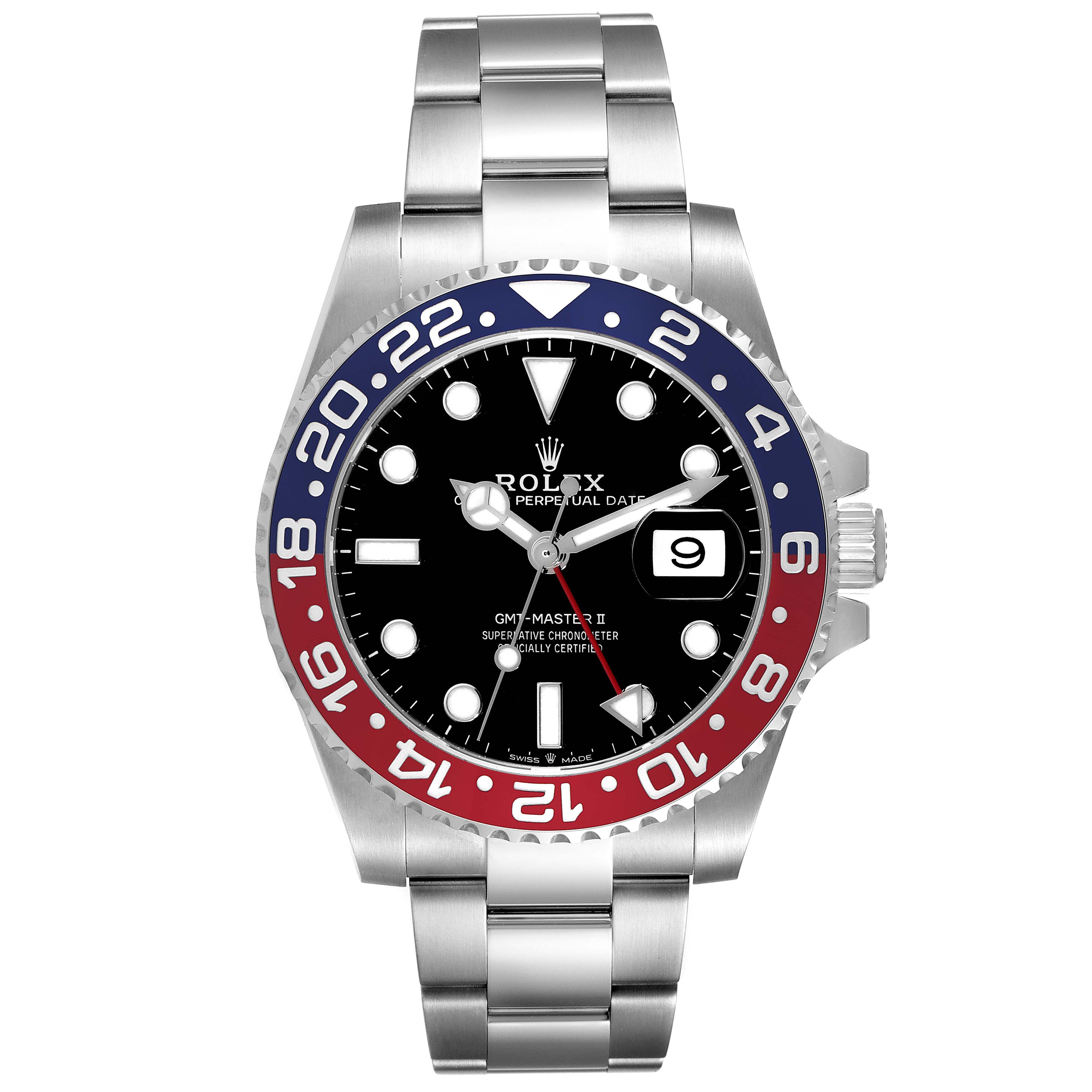 This image shows a front view of the Rolex GMT-Master 126710 Men
s Stainless Steel Black Dial 126710 Men
s Stainless Steel Black Dial II watch, displaying its bezel, face, and bracelet.