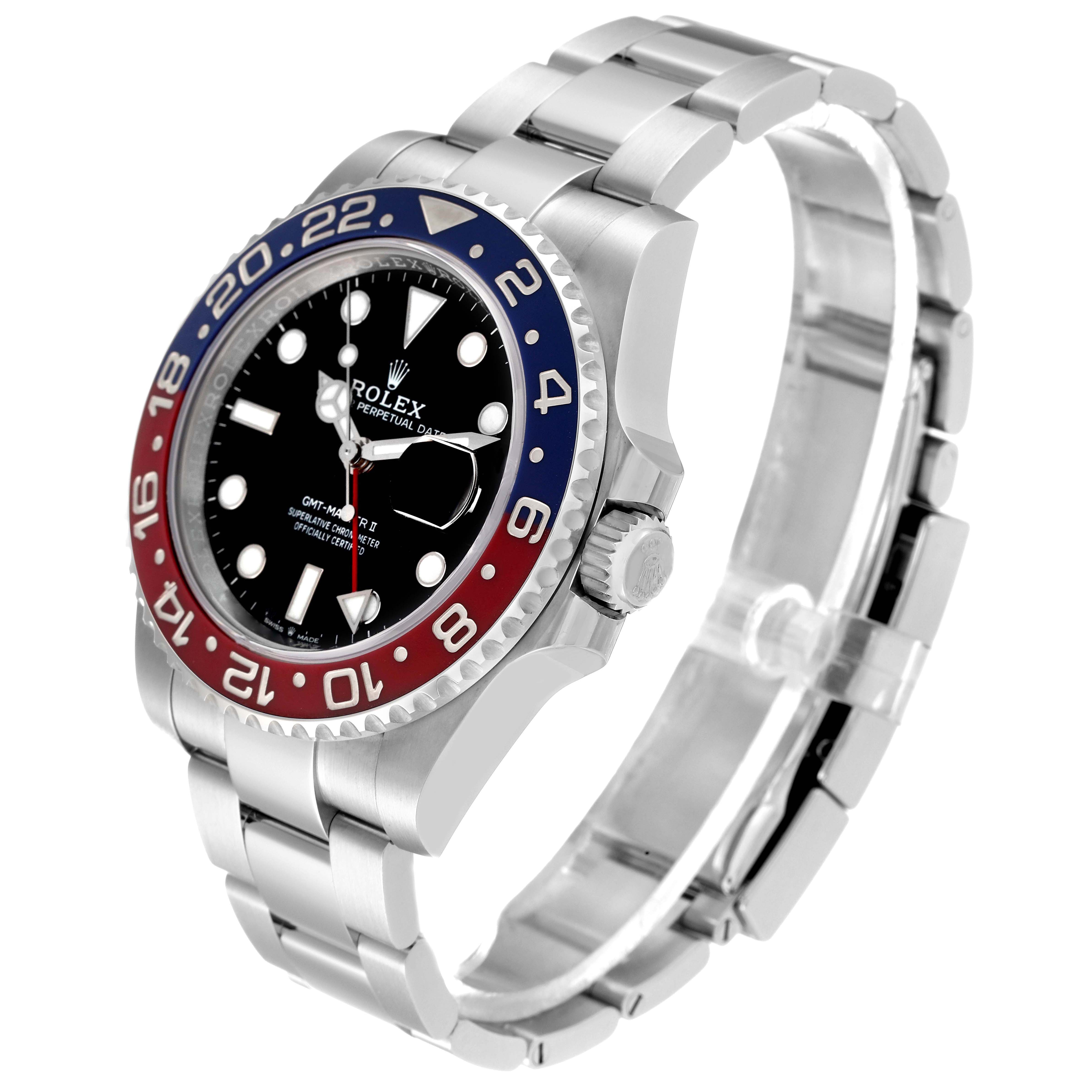 The Rolex GMT-Master 126710 Men
s Stainless Steel Black Dial 126710 Men
s Stainless Steel Black Dial watch is shown at a three-quarter angle, displaying the bezel, dial, and bracelet.
