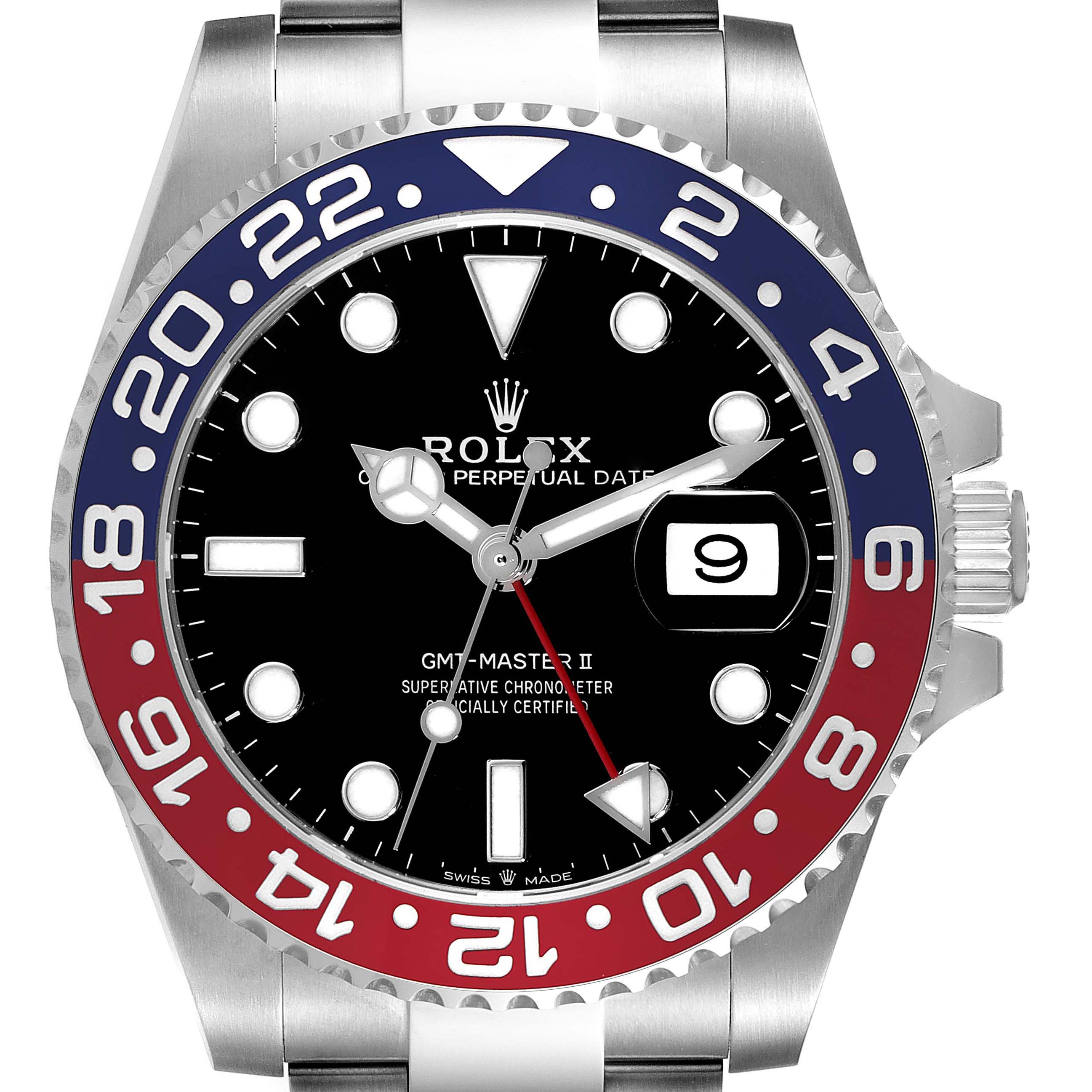 The image shows a frontal view of a Rolex GMT-Master 126710 Men
s Stainless Steel Black Dial 126710 Men
s Stainless Steel Black Dial II, featuring a black dial, date display, and a red and blue bezel.
