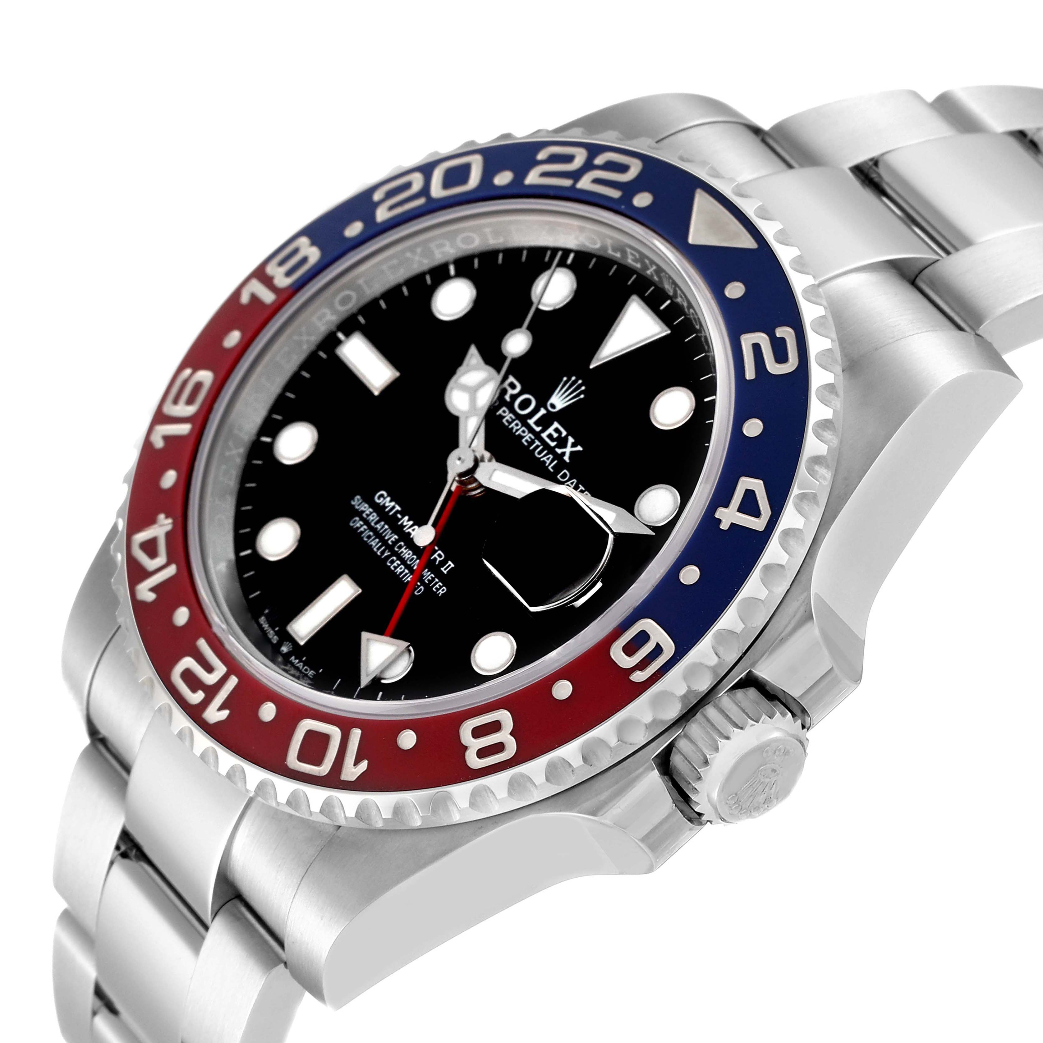 The image shows a Rolex GMT-Master 126710 Men
s Stainless Steel Black Dial 126710 Men
s Stainless Steel Black Dial II watch at an angle highlighting its dial, bezel, crown, and part of the bracelet.