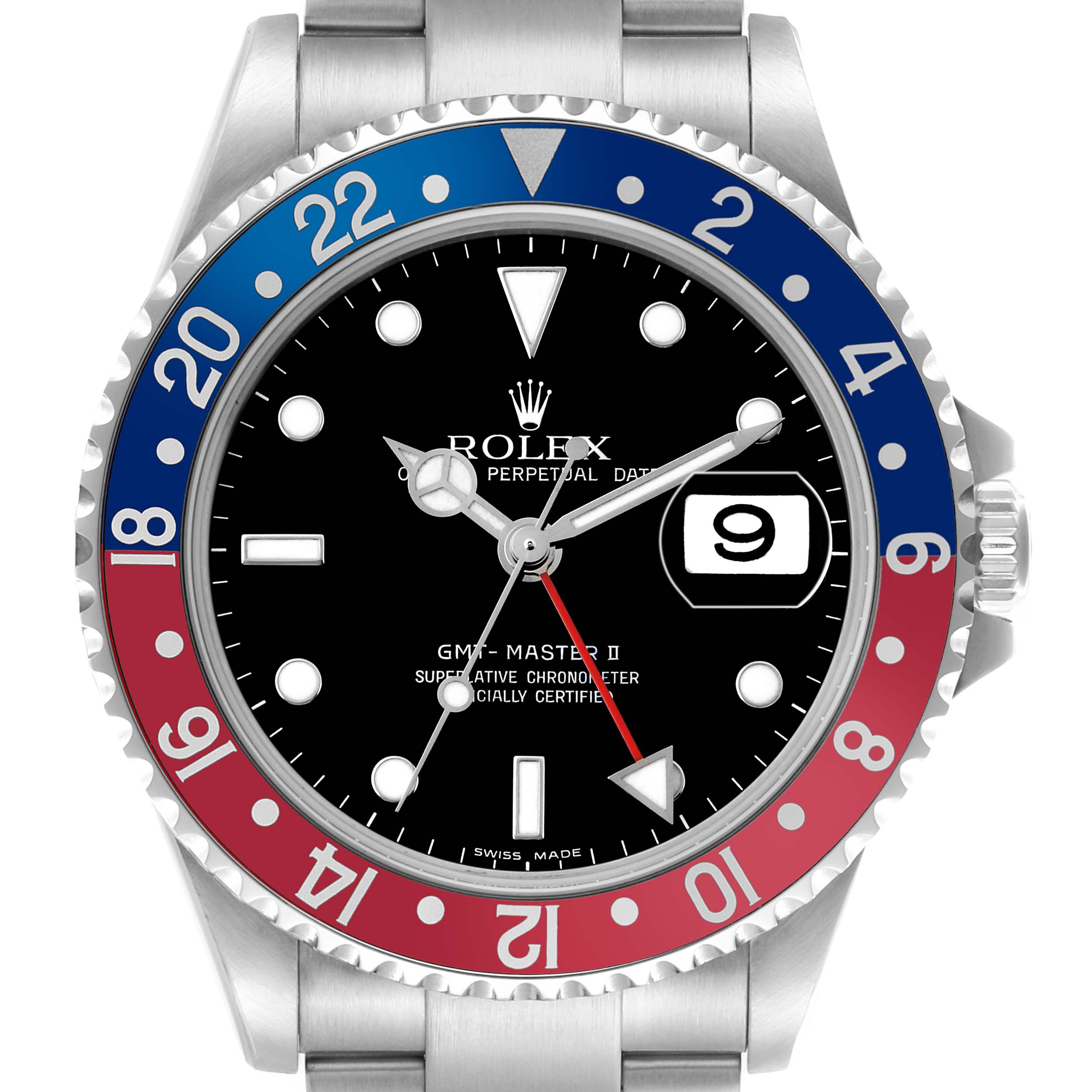 The Rolex GMT-Master 16710 Men's Stainless Steel Black Dial watch is shown from a front angle, displaying its bezel, dial, hands, and date feature.