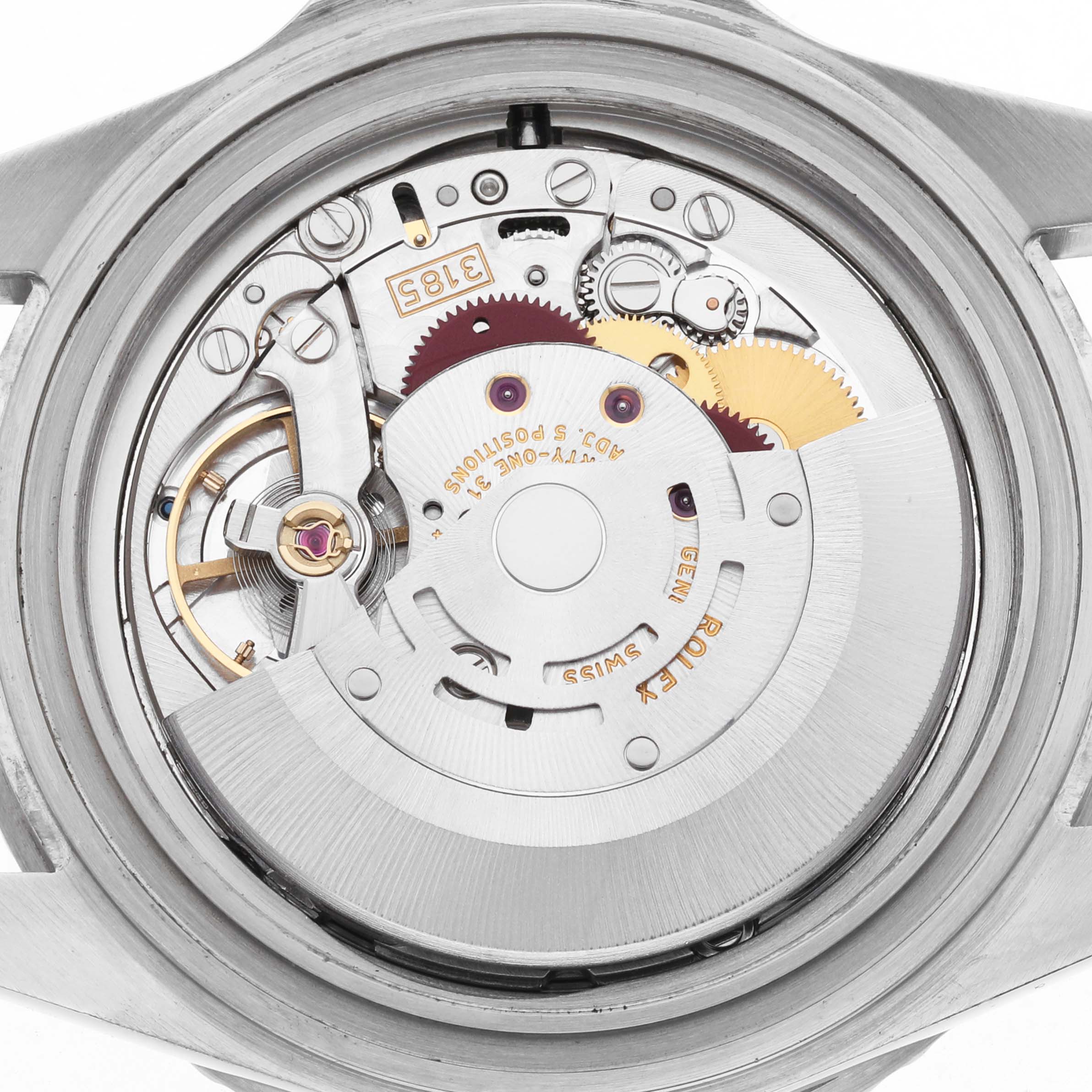 The image shows the movement inside the case back of a Rolex GMT-Master 16710 Men's Stainless Steel Black Dial.