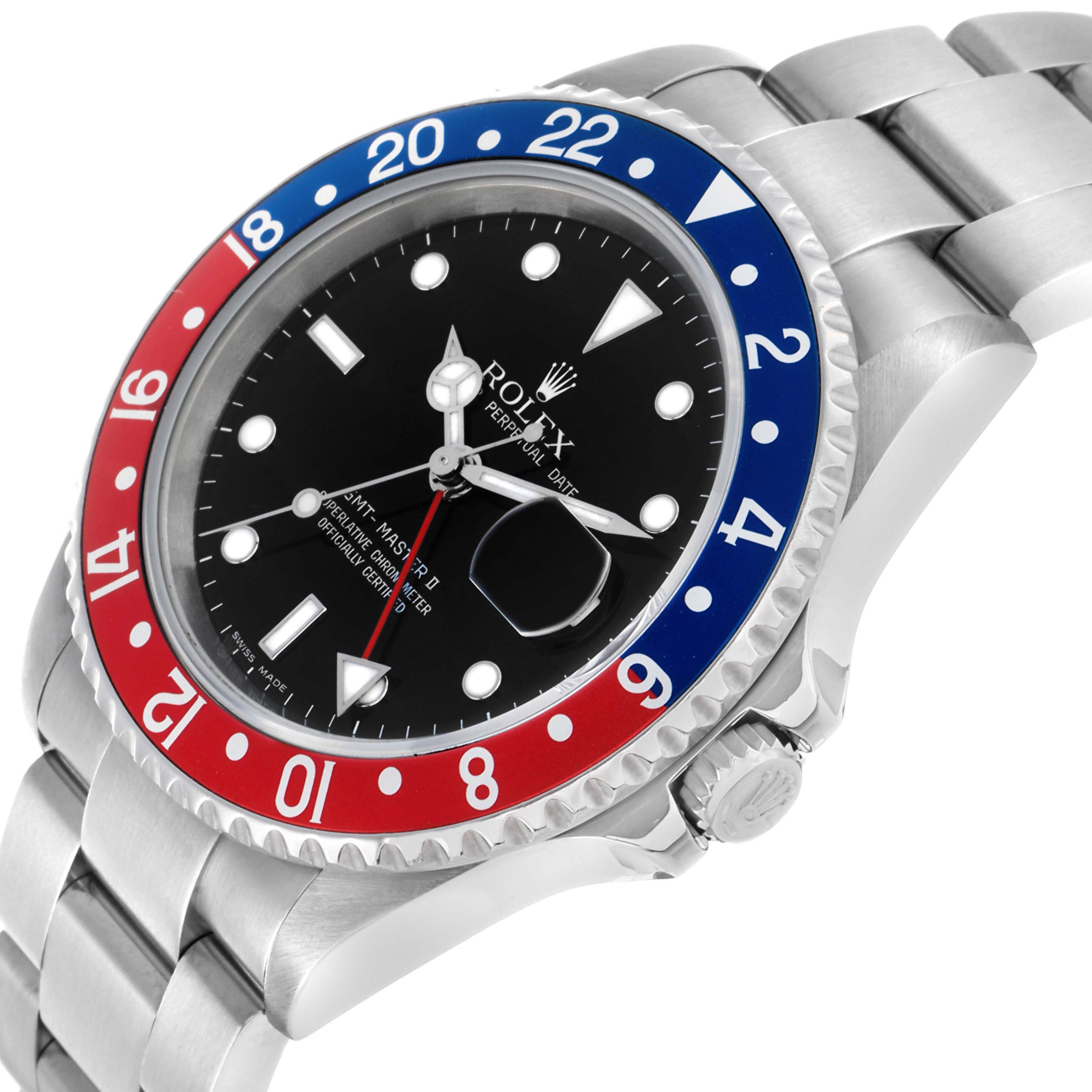The Rolex GMT-Master 16710 Men's Stainless Steel Black Dial watch is shown at an angle highlighting the bezel, face, crown, and part of the bracelet.