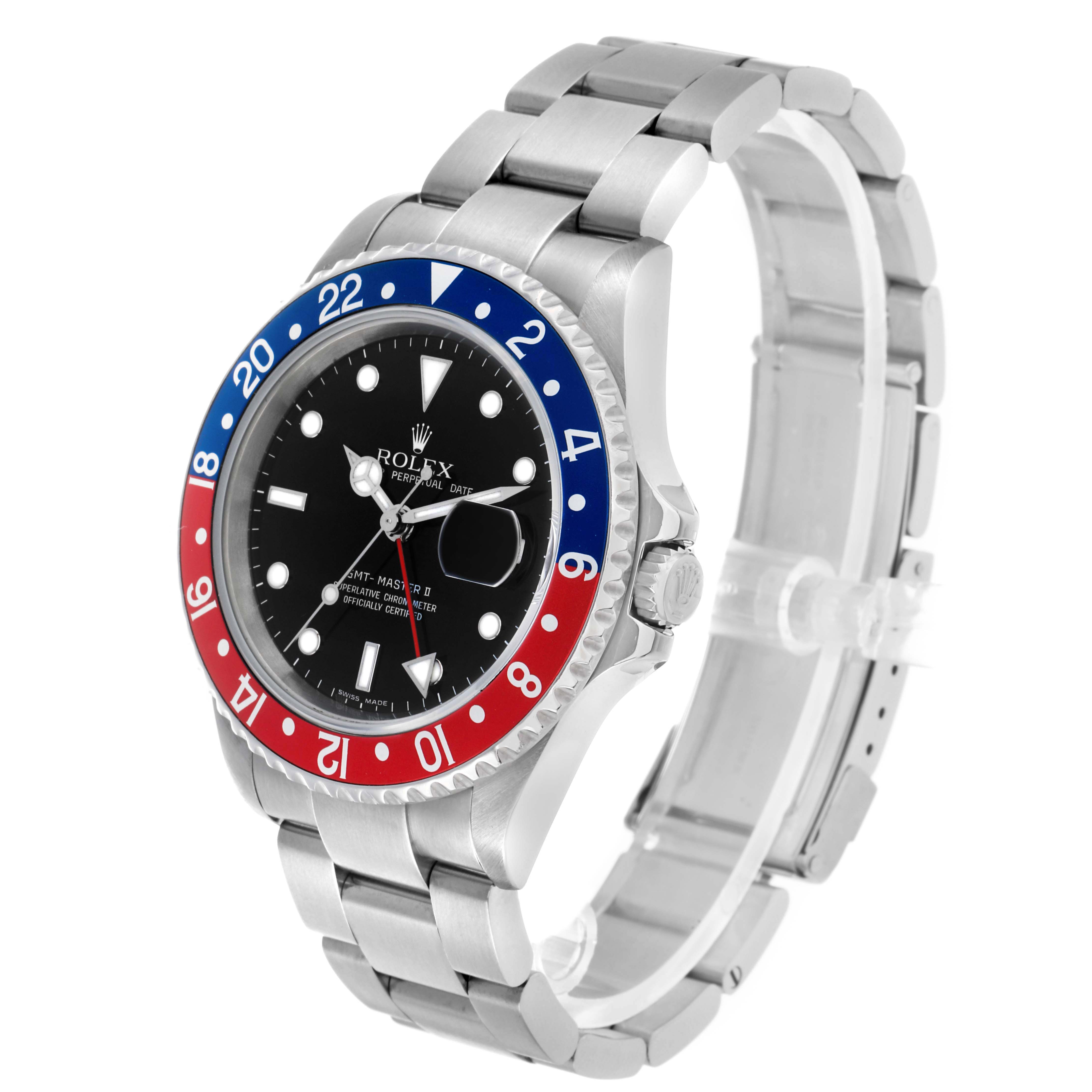 The Rolex GMT-Master 16710 Men's Stainless Steel Black Dial watch is shown at a three-quarter angle, highlighting the bezel, dial, bracelet, and crown.