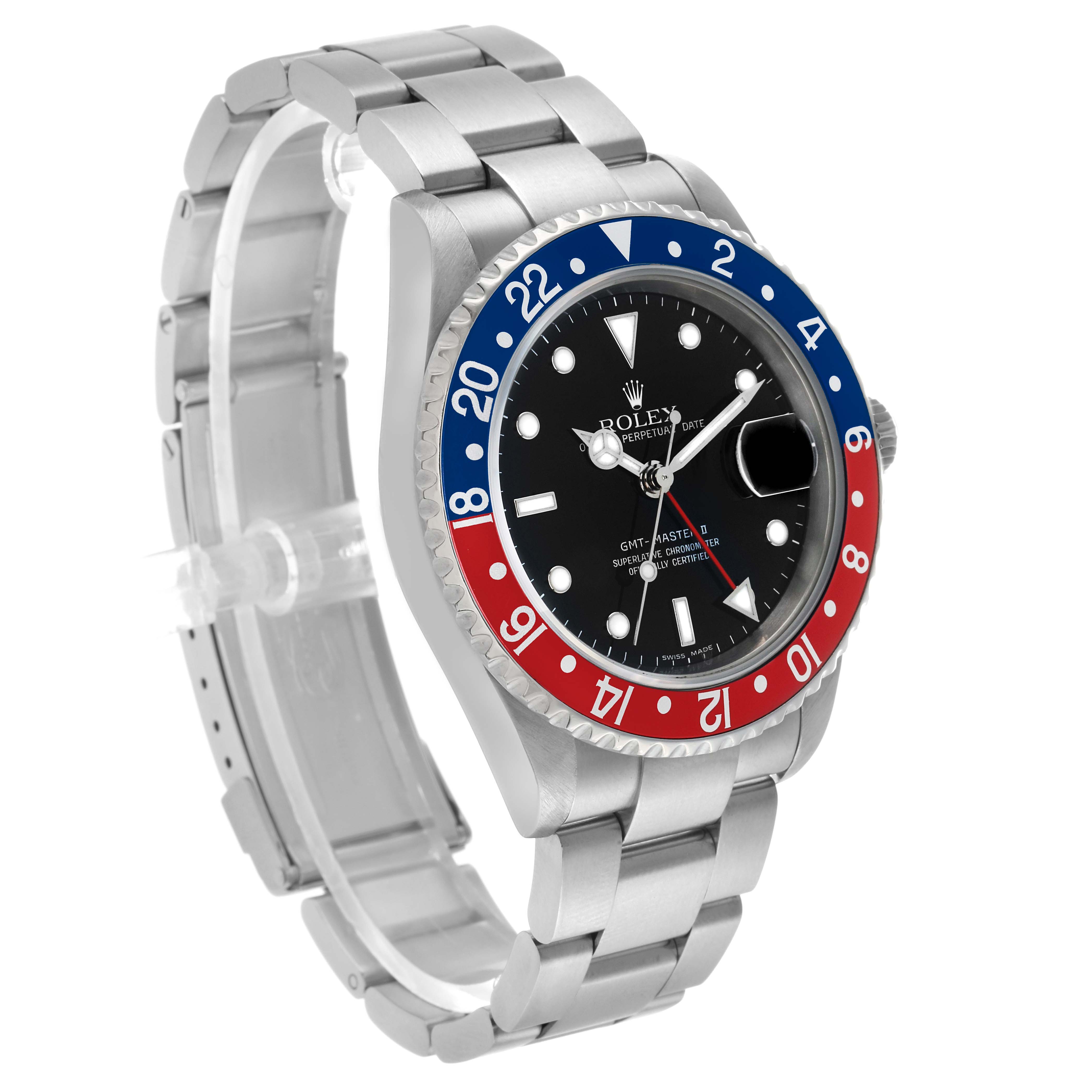 The Rolex GMT-Master 16710 Men's Stainless Steel Black Dial watch is shown at a slight angle, highlighting the dial, two-tone bezel, bracelet, and crown.