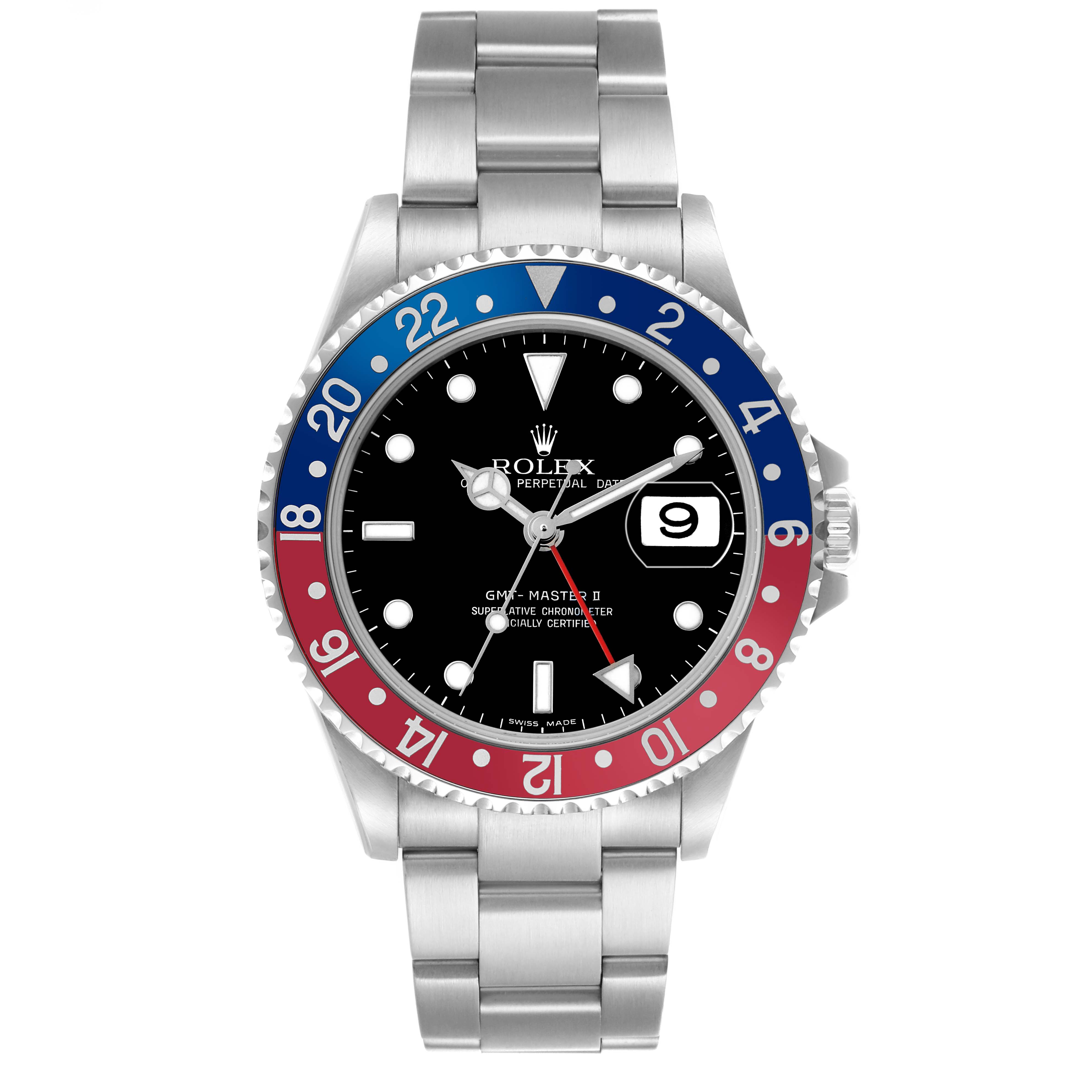 The Rolex GMT-Master 16710 Men's Stainless Steel Black Dial watch is shown from a frontal angle, highlighting its bezel, dial, hands, and bracelet.