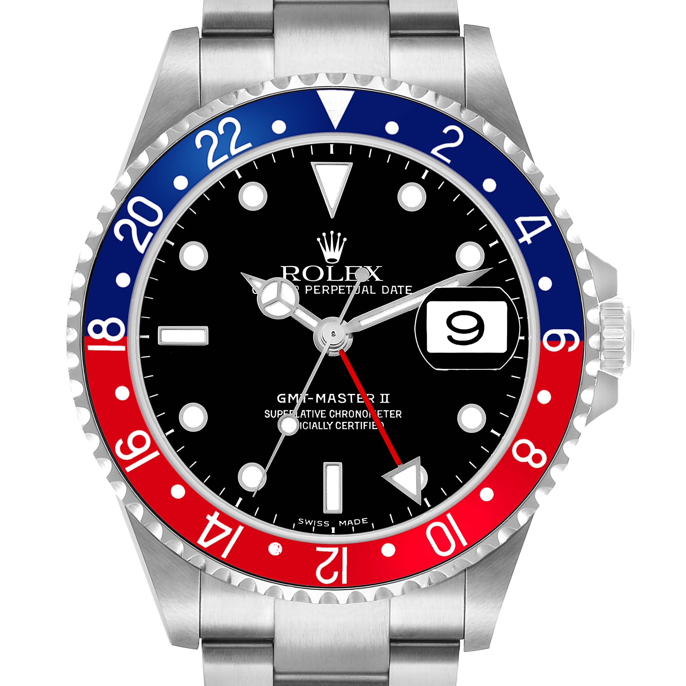 The watch, a Rolex GMT-Master 16710 Men's Stainless Steel Black Dial II, is shown from the front, highlighting its bezel, dial, hands, and date window.