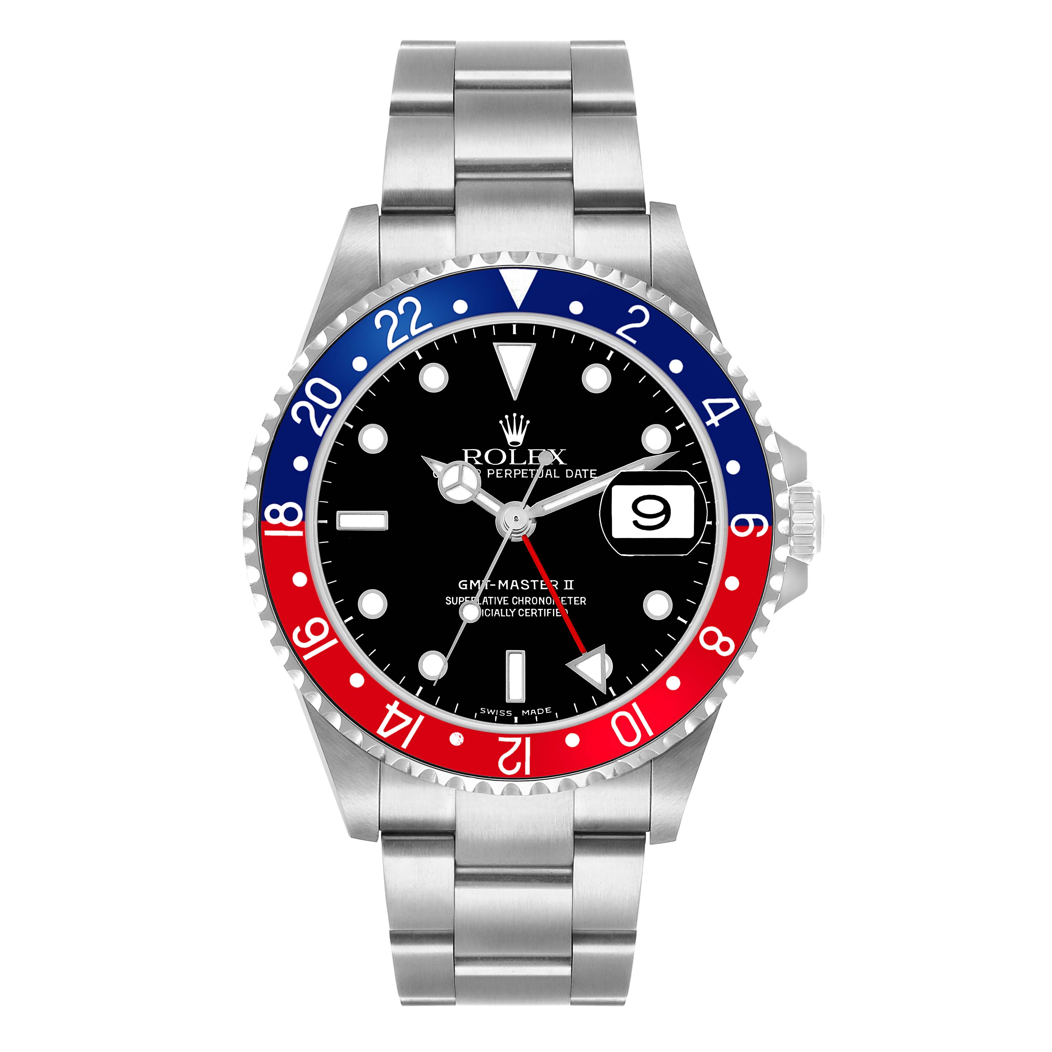 The Rolex GMT-Master 16710 Men's Stainless Steel Black Dial watch is shown from the front, displaying the bezel, dial, hands, and bracelet.