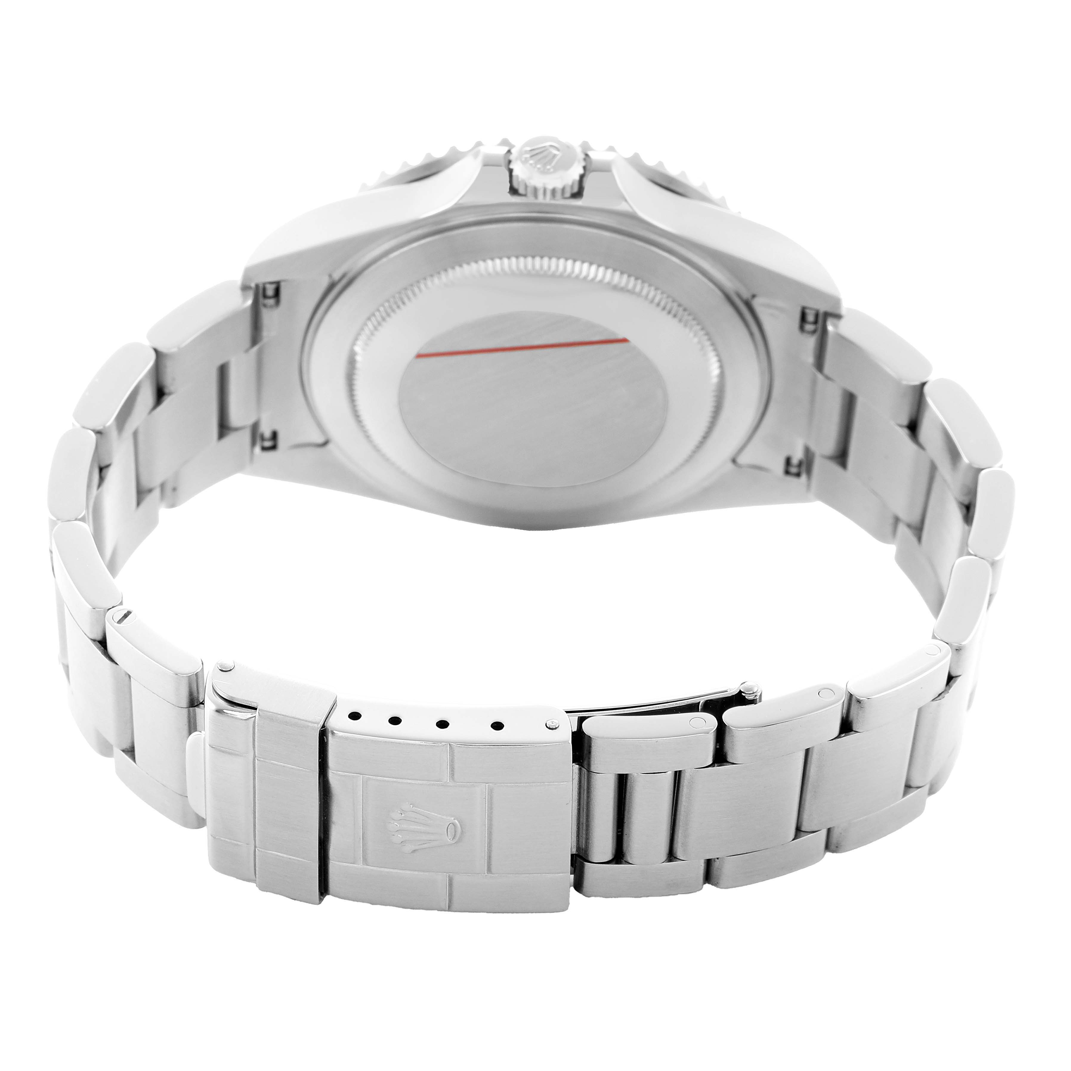 The image shows the back view of a Rolex GMT-Master 16710 Men's Stainless Steel Black Dial, highlighting the clasp and case back.