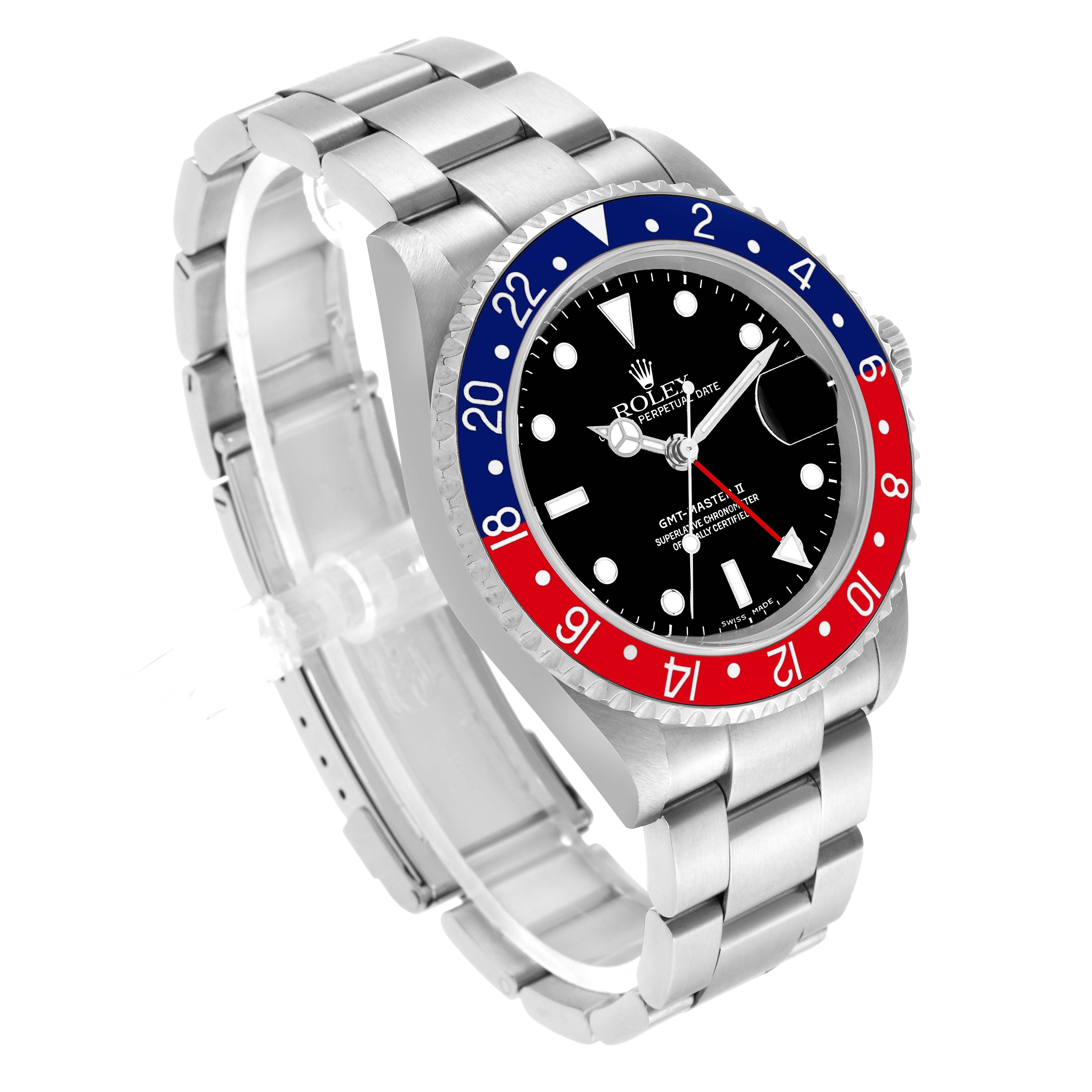 The Rolex GMT-Master 16710 Men's Stainless Steel Black Dial watch is shown at a three-quarter angle, displaying the bezel, dial, and bracelet.
