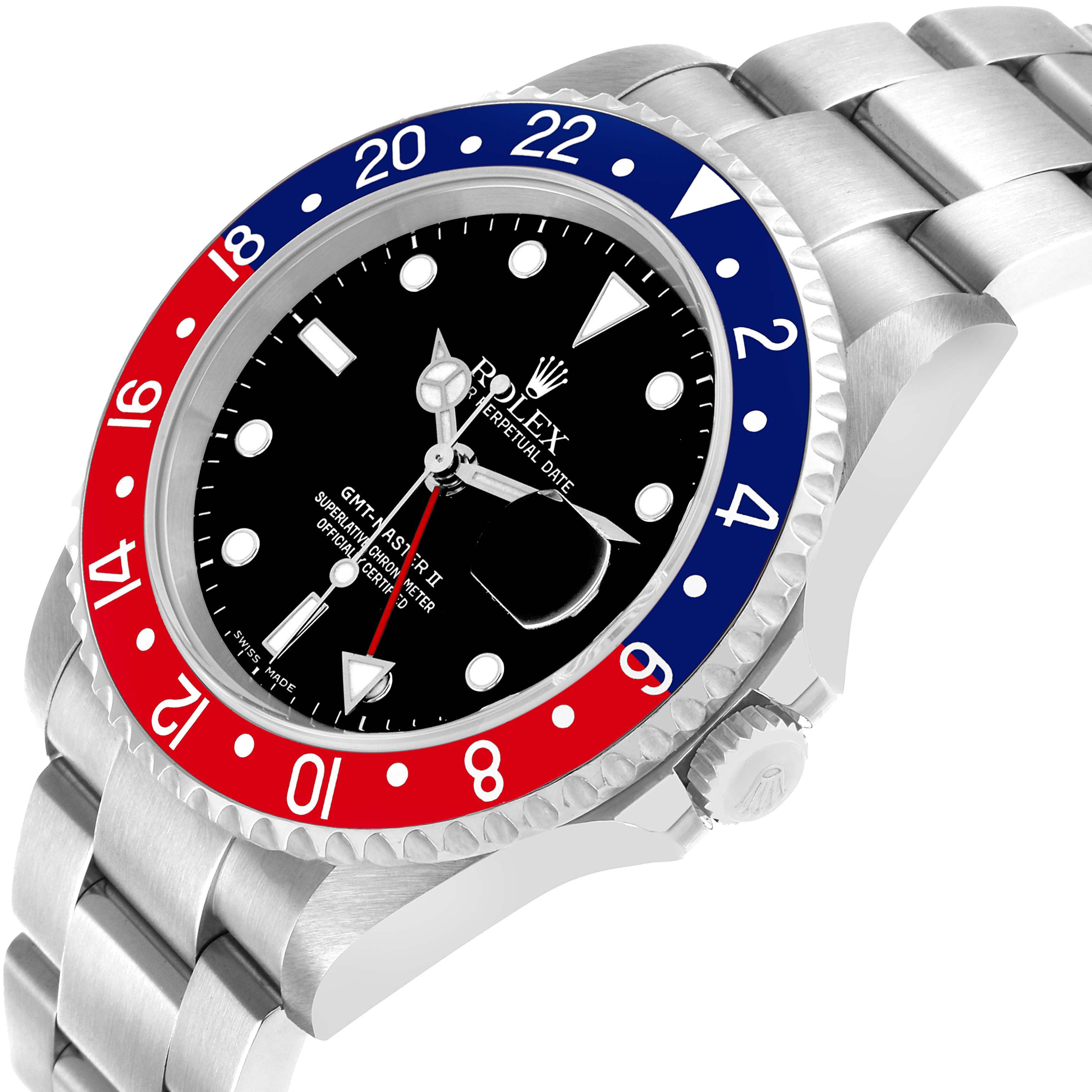 The Rolex GMT-Master 16710 Men's Stainless Steel Black Dial watch is shown at an angled view, highlighting the dial, bezel, and bracelet.