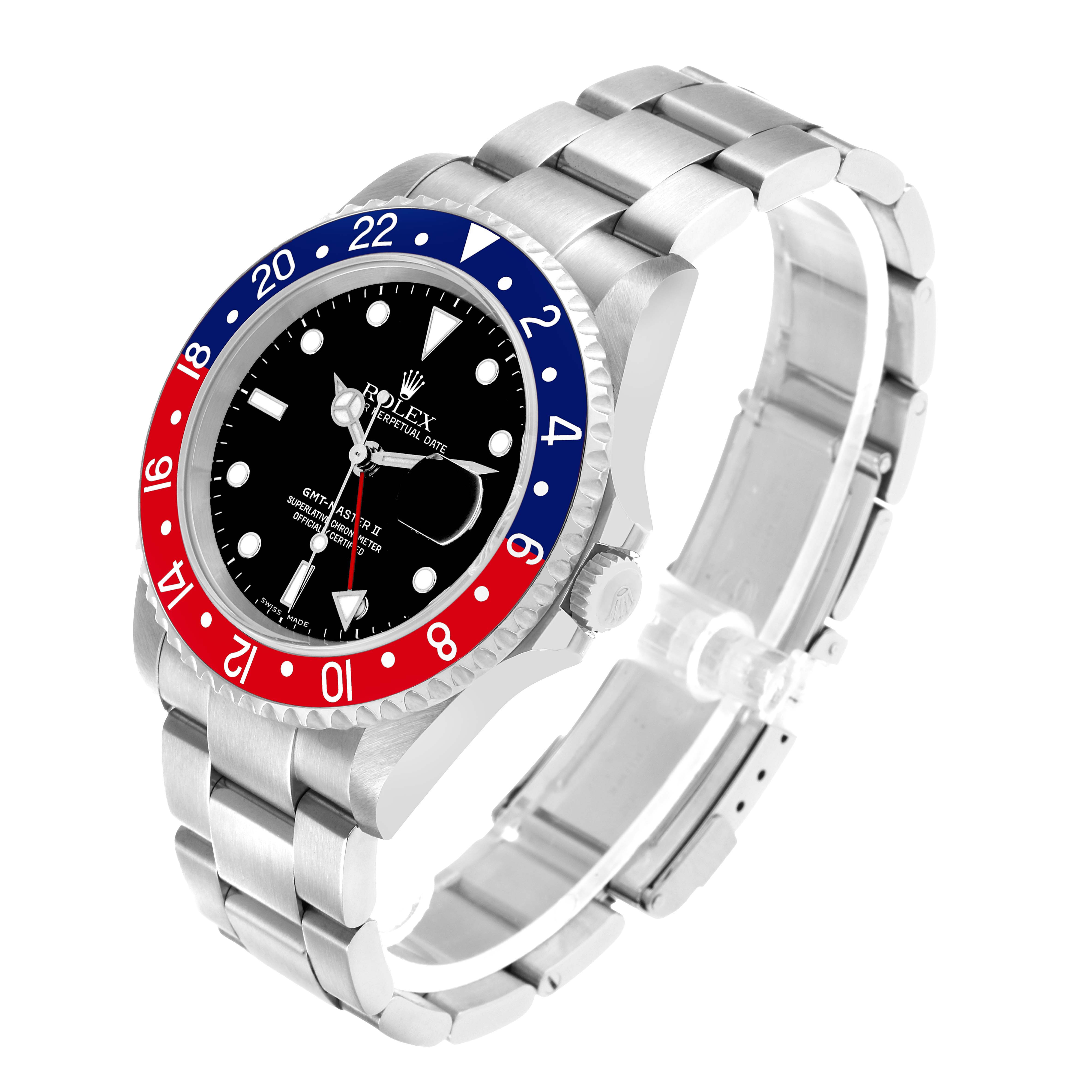 The Rolex GMT-Master 16710 Men's Stainless Steel Black Dial is shown at a three-quarter angle, highlighting the bezel, dial, crown, and bracelet.