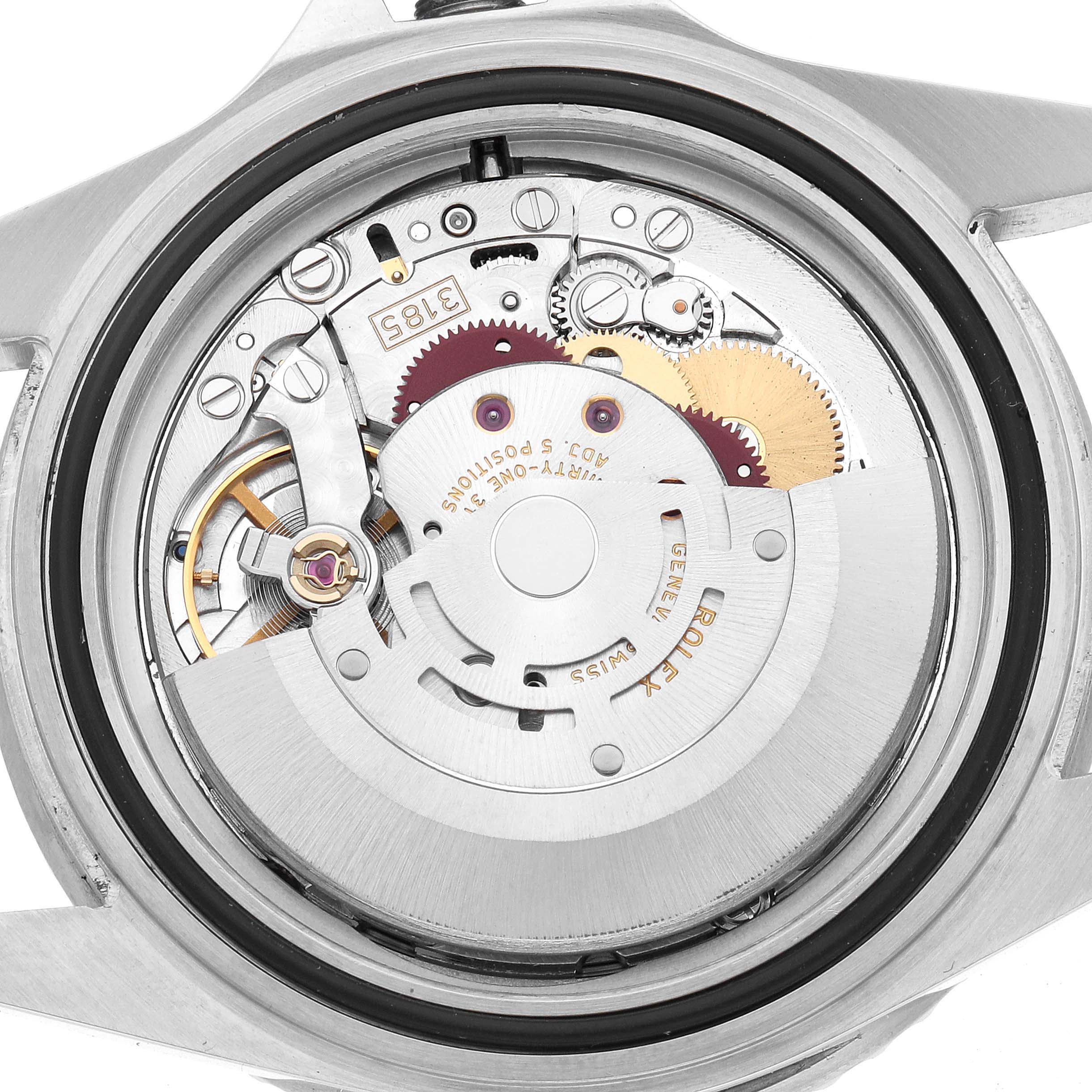 The image shows the inner mechanical movement of a Rolex GMT-Master 16710 Men's Stainless Steel Black Dial watch from a top-down angle.