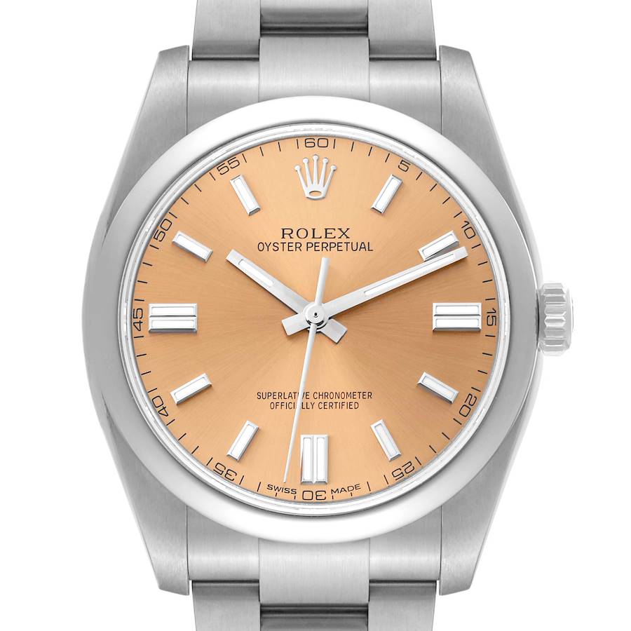 The Rolex Oyster Perpetual watch is shown from the front, highlighting its orange dial, hour markers, hands, and bezel.