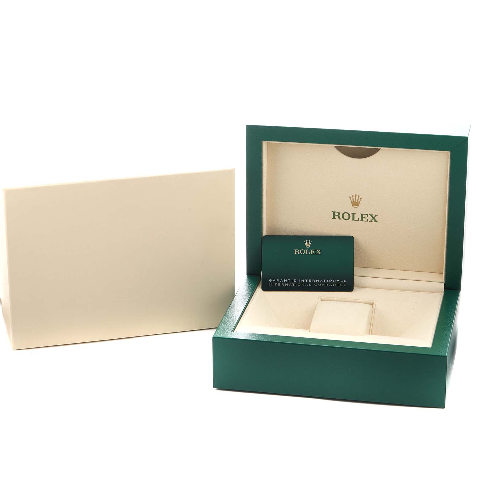 The image shows the open box and card for a Rolex Mid-Size 277200 Women's Stainless Steel Blue Dial model, with a green exterior and beige interior.