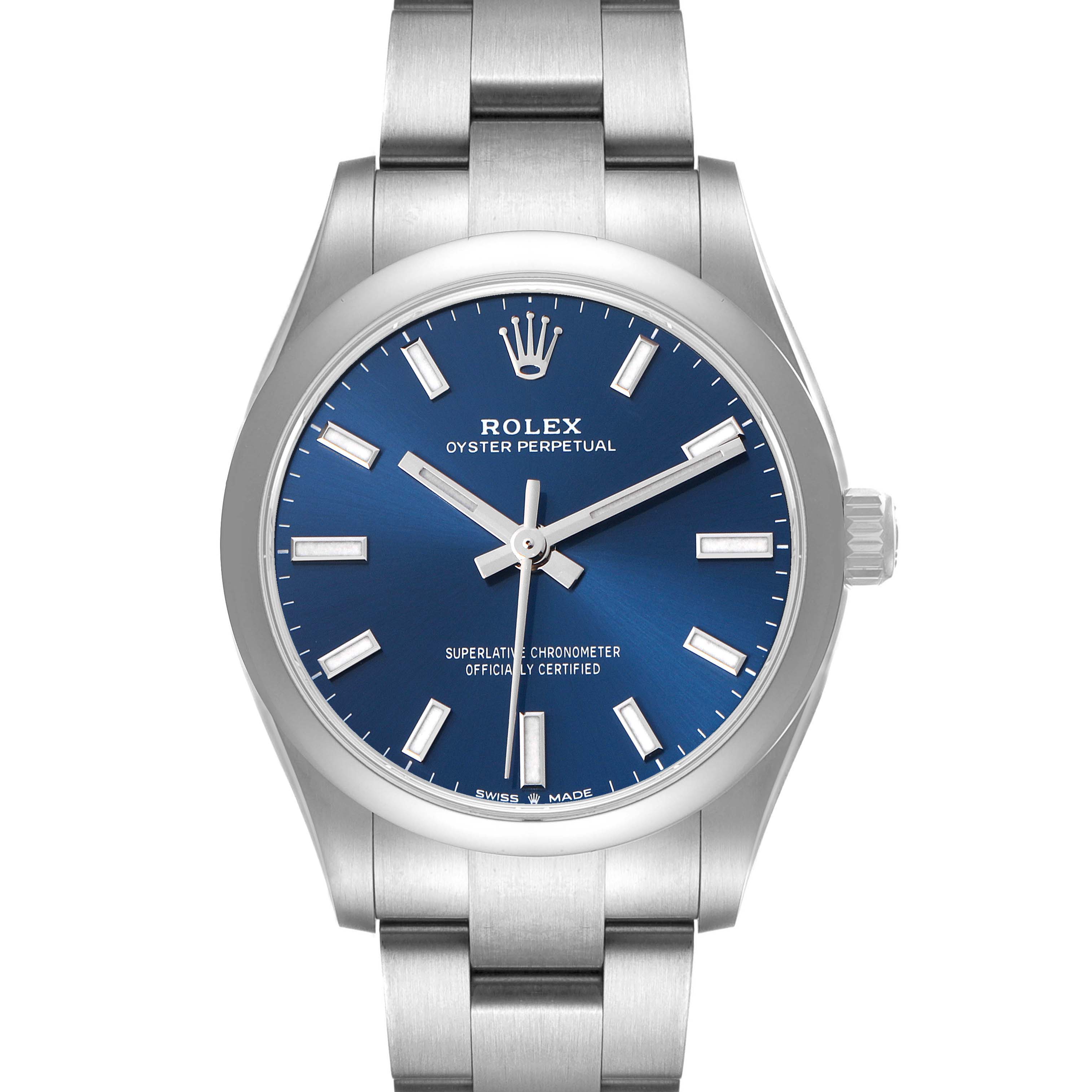 The Rolex Mid-Size 277200 Women's Stainless Steel Blue Dial watch is shown from a front angle, highlighting the blue dial, hands, markers, bezel, and bracelet.