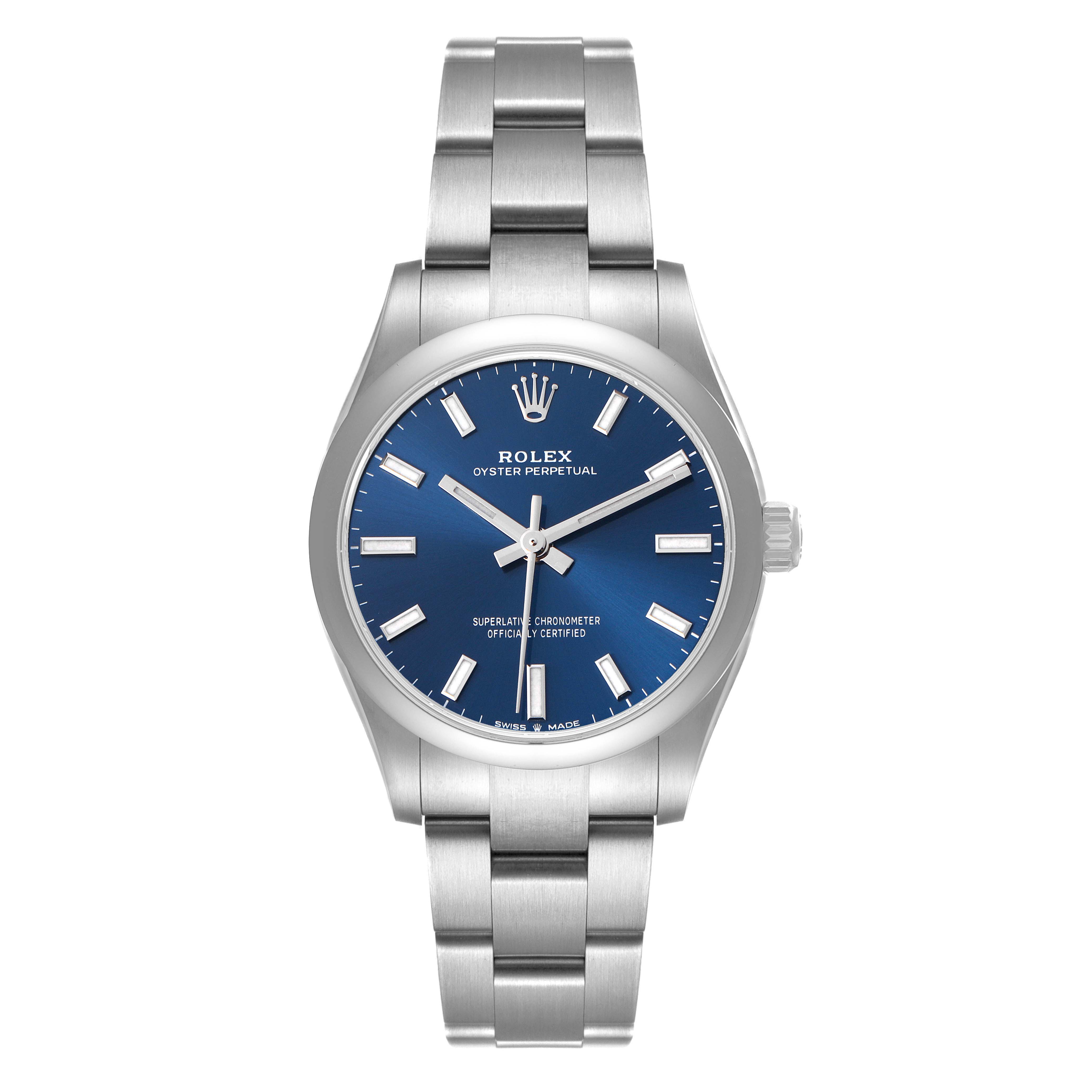 The Rolex Mid-Size 277200 Women's Stainless Steel Blue Dial Oyster Perpetual watch is shown from the front, displaying the blue dial, case, and bracelet.