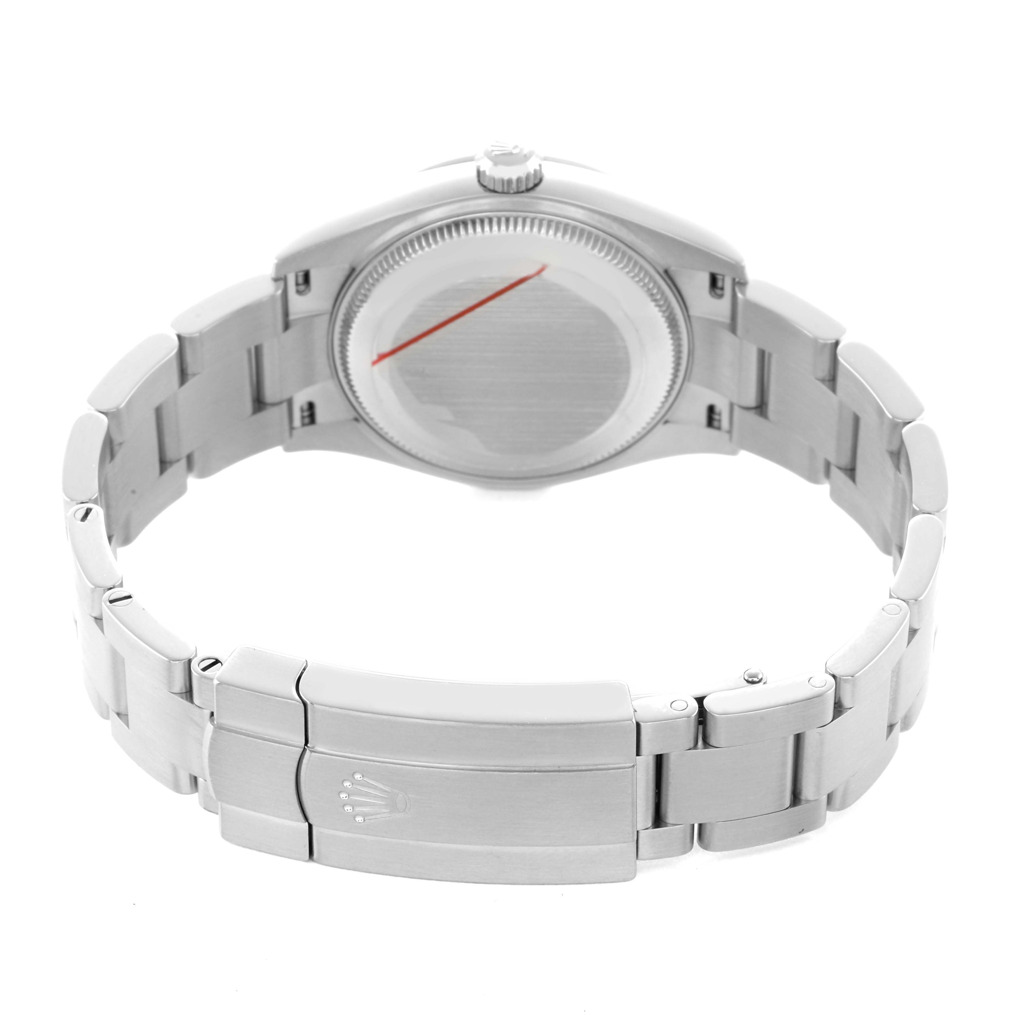 The image shows the back and bracelet of a Rolex Mid-Size 277200 Women's Stainless Steel Blue Dial watch, highlighting the clasp and caseback.