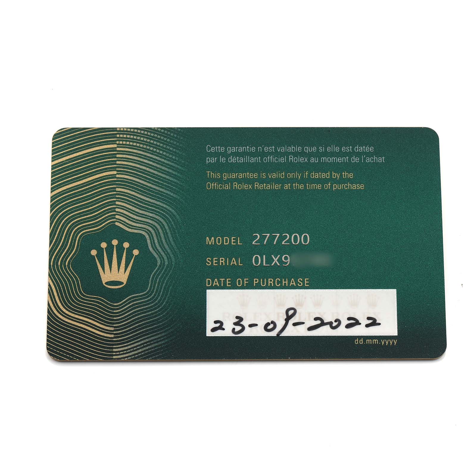 The image shows a warranty card for the Rolex Mid-Size 277200 Women's Stainless Steel Blue Dial model 277200, displaying the model and serial numbers.