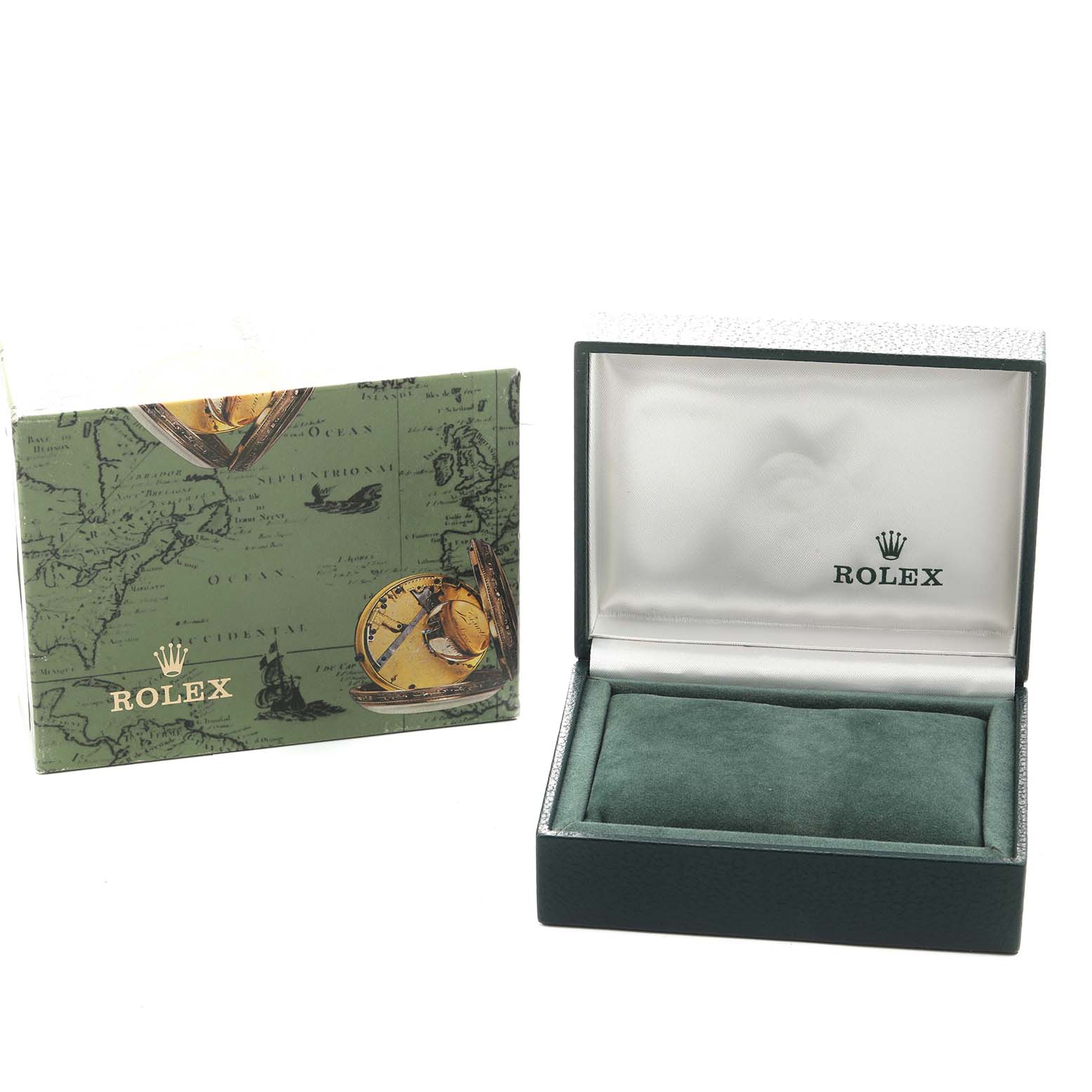 The image shows an open Rolex Oyster Perpetual 67480 Women's Stainless Steel Pink Dial watch box and decorative outer box from a front angle.