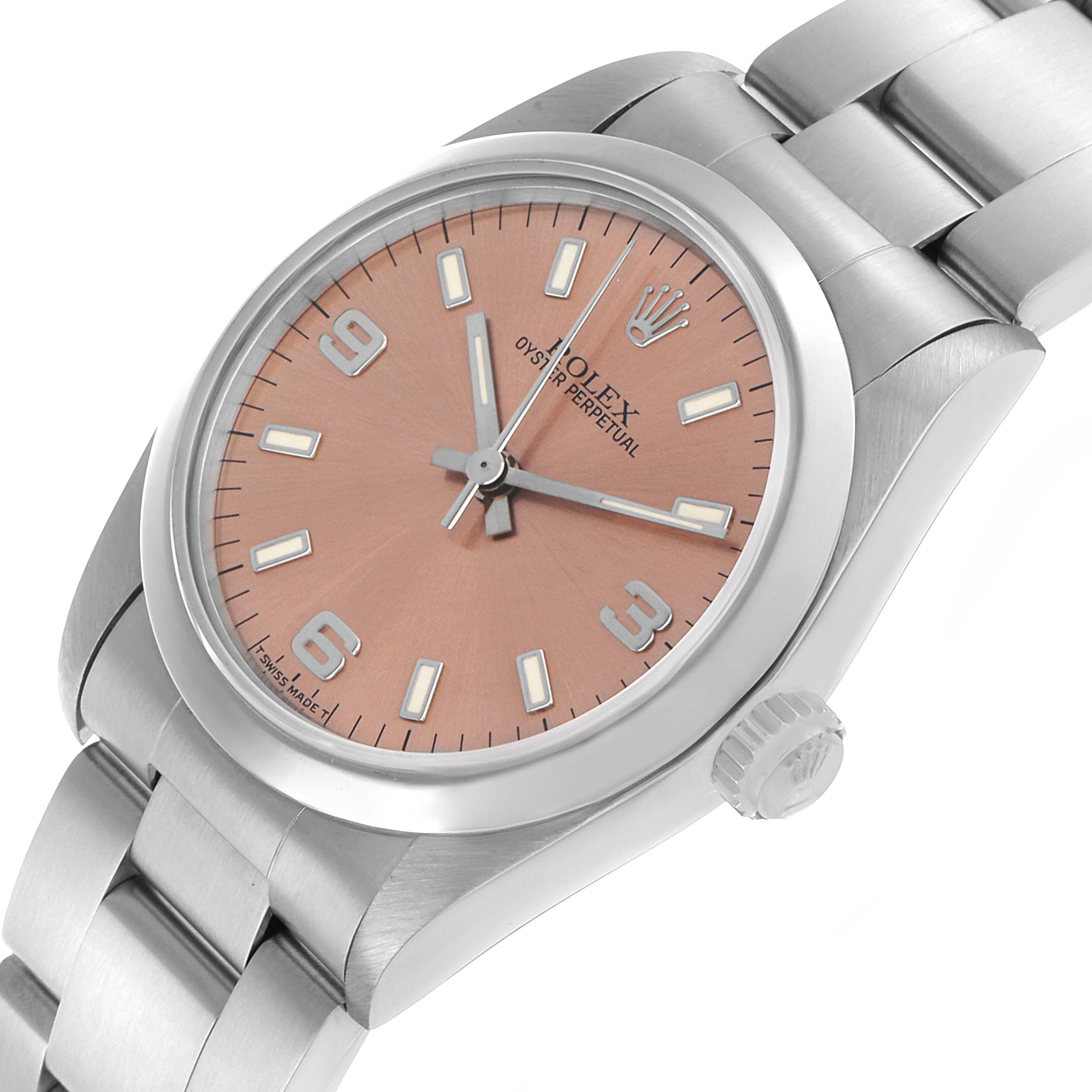 The Rolex Oyster Perpetual 67480 Women's Stainless Steel Pink Dial watch is shown at an angled view, highlighting the dial, crown, and stainless steel bracelet.