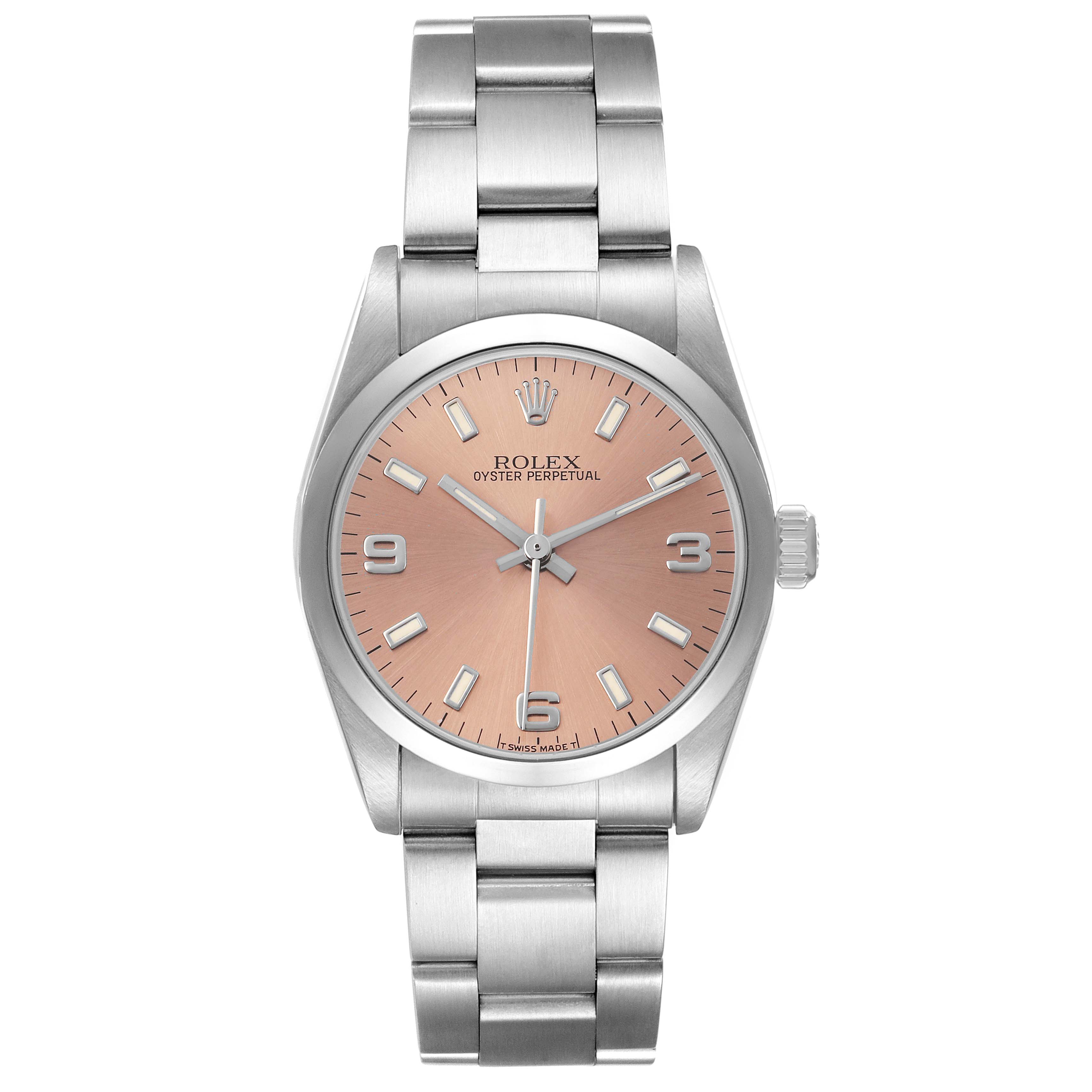 The Rolex Oyster Perpetual 67480 Women's Stainless Steel Pink Dial watch is shown from a front view, highlighting the face, bezel, case, and bracelet.