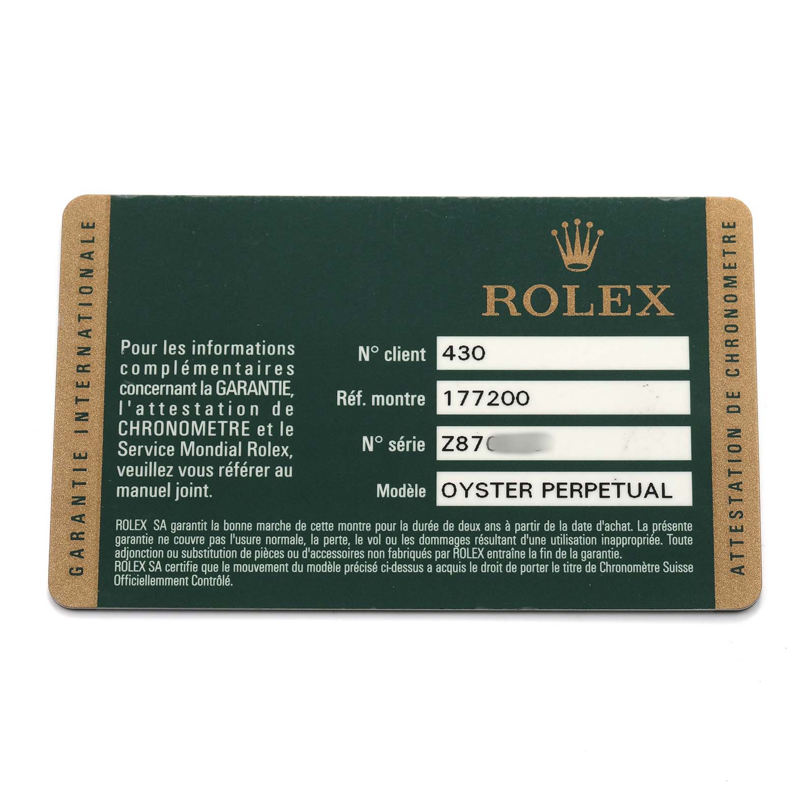 The image shows a warranty card for the Rolex Oyster Perpetual 177200 Women's Stainless Steel White Dial, detailing model, serial, and client numbers.